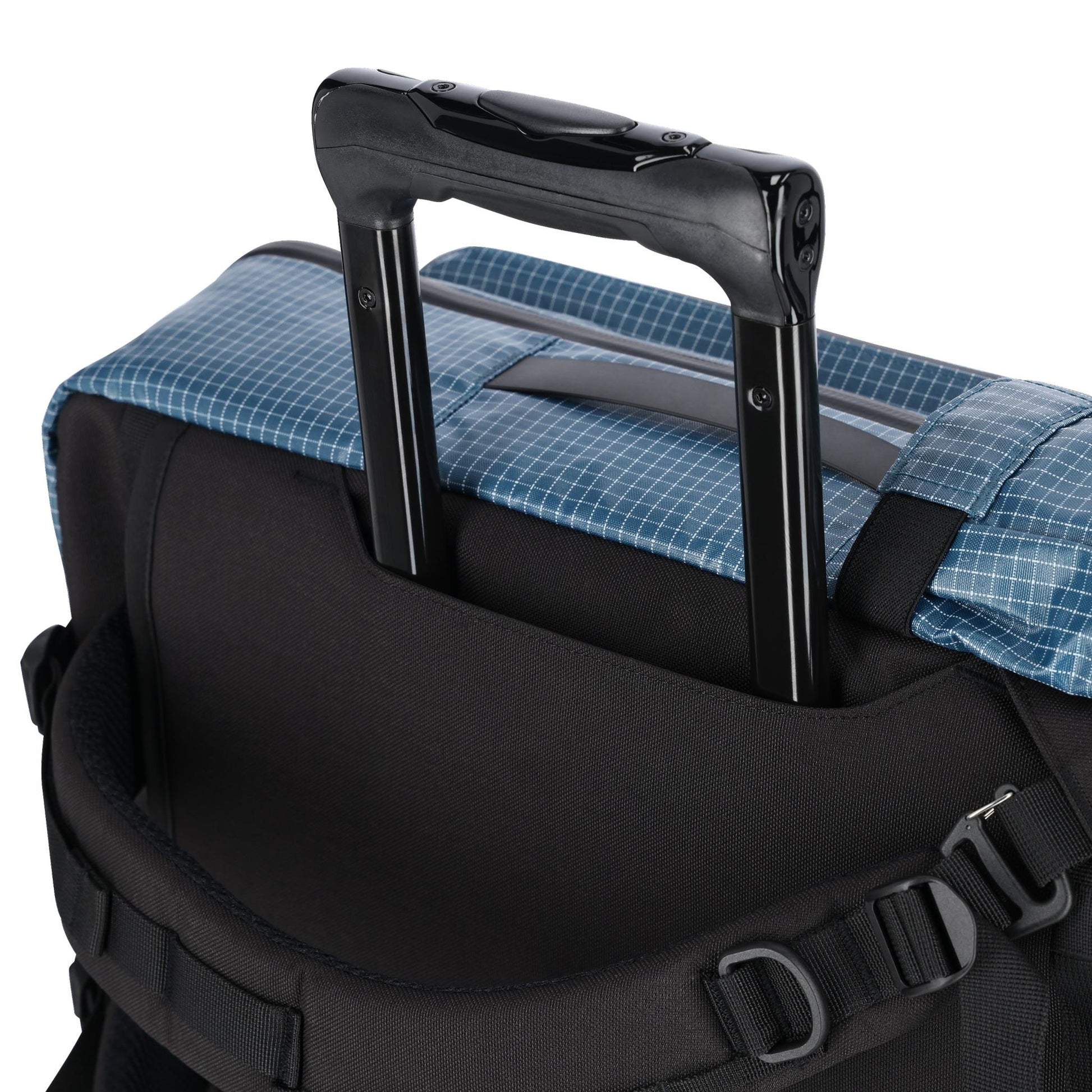 General detail shot of Topo Designs Apex Travel Bag 30L  in "Pond Blue Grid"