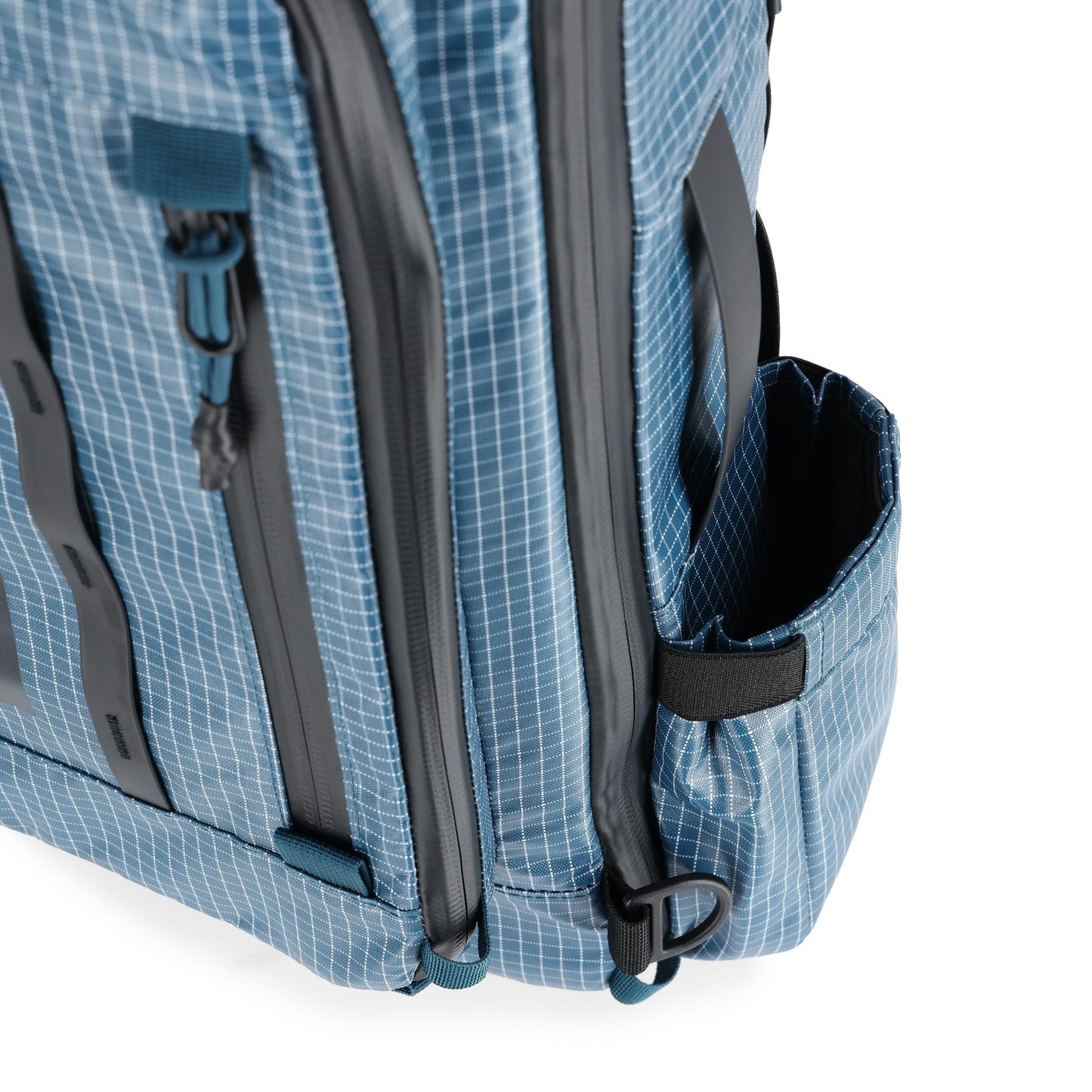 General detail shot of Topo Designs Apex Travel Bag 30L  in "Pond Blue Grid"