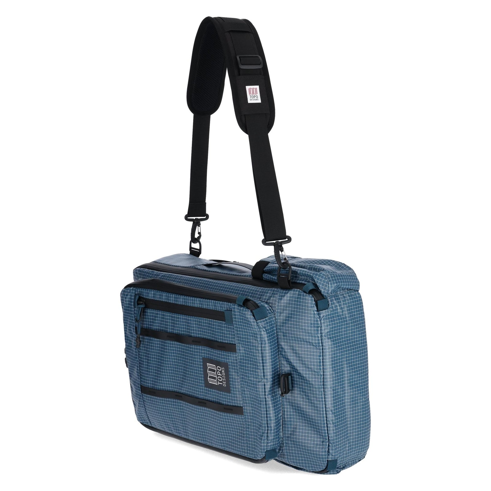 General detail shot of Topo Designs Apex Travel Bag 30L  in "Pond Blue Grid"