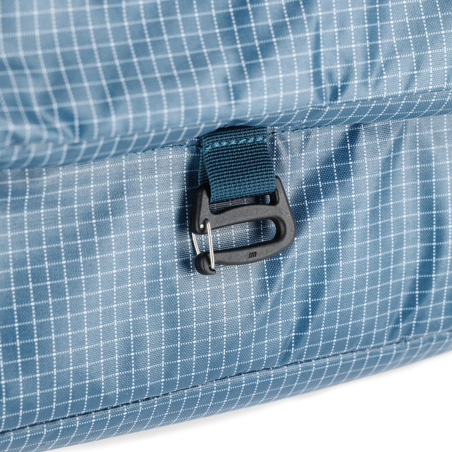 General detail shot of Topo Designs Apex Travel Bag 30L  in "Pond Blue Grid"