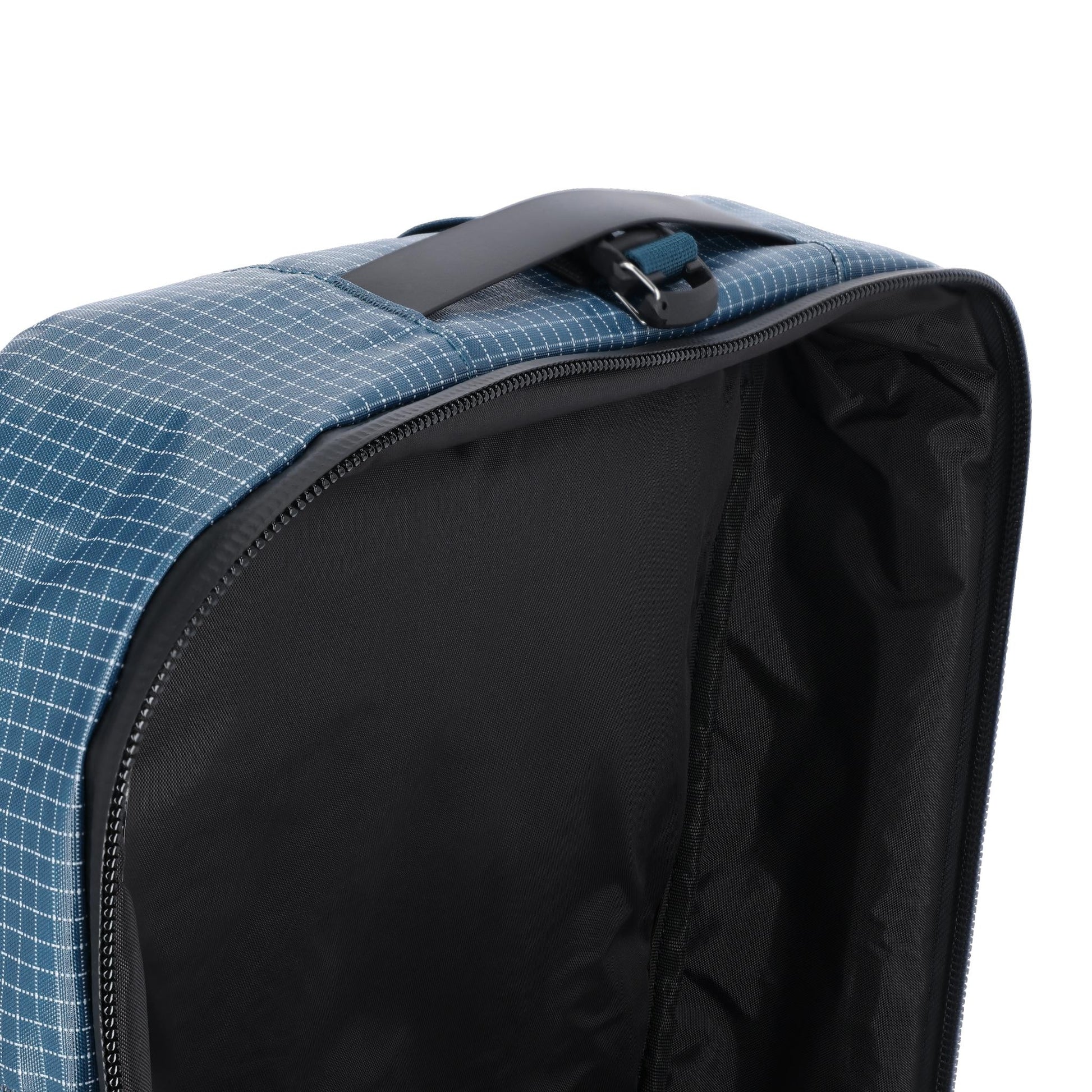 General detail shot of Topo Designs Apex Travel Bag 30L  in "Pond Blue Grid"