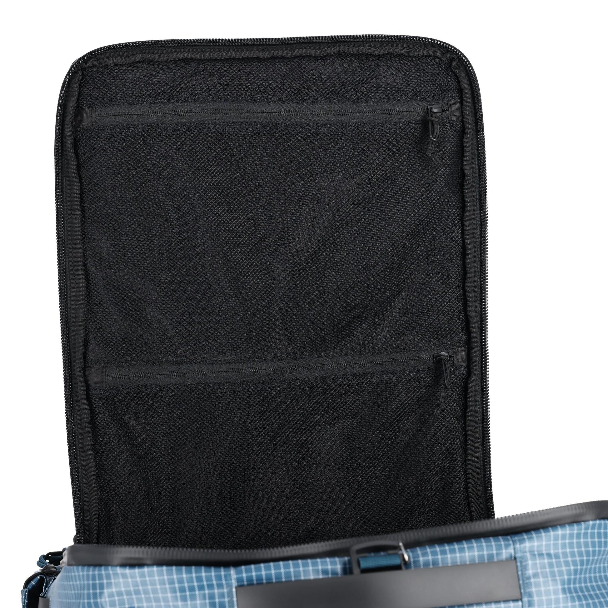 General detail shot of Topo Designs Apex Travel Bag 30L  in "Pond Blue Grid"