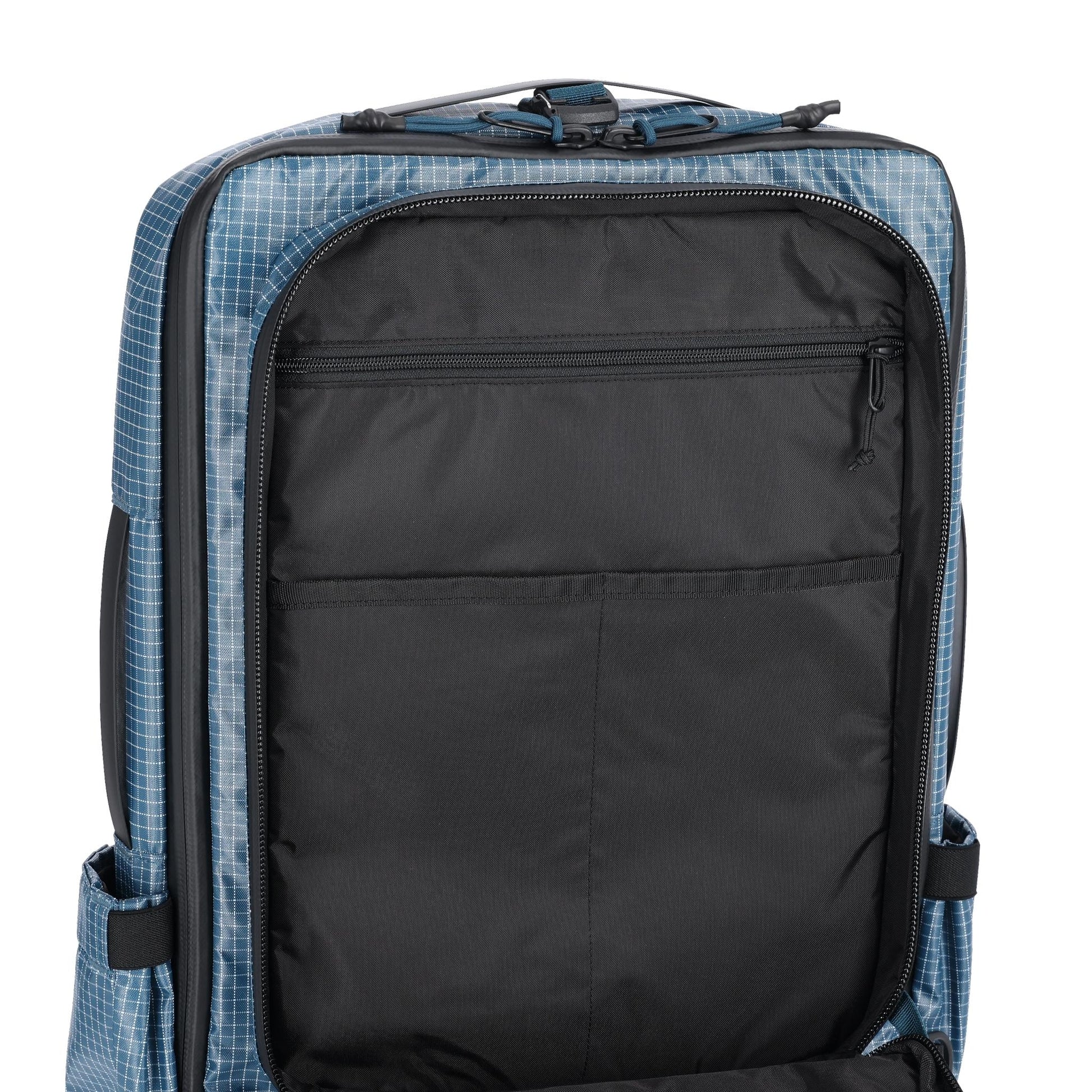 General detail shot of Topo Designs Apex Travel Bag 30L  in "Pond Blue Grid"