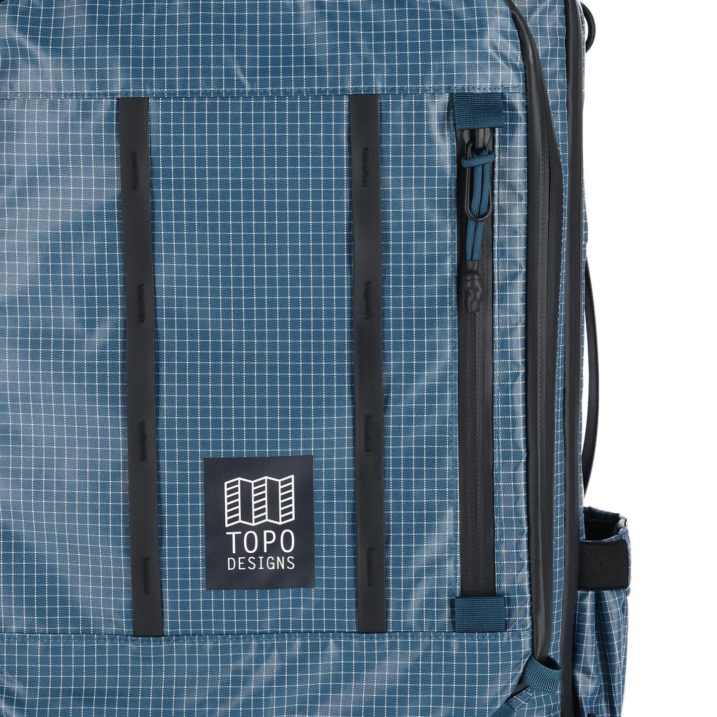 General detail shot of Topo Designs Apex Travel Bag 30L  in "Pond Blue Grid"