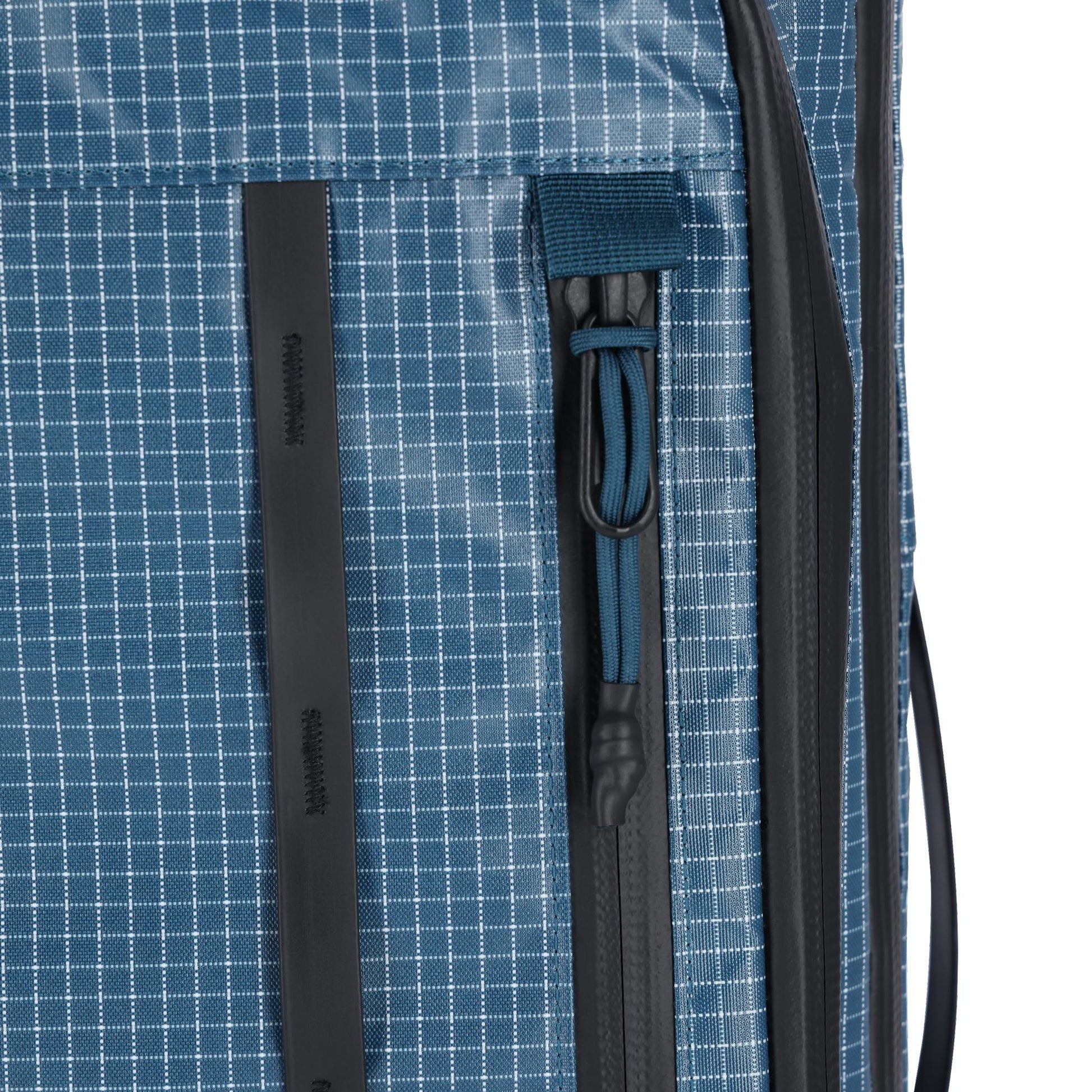 General detail shot of Topo Designs Apex Travel Bag 30L  in "Pond Blue Grid"