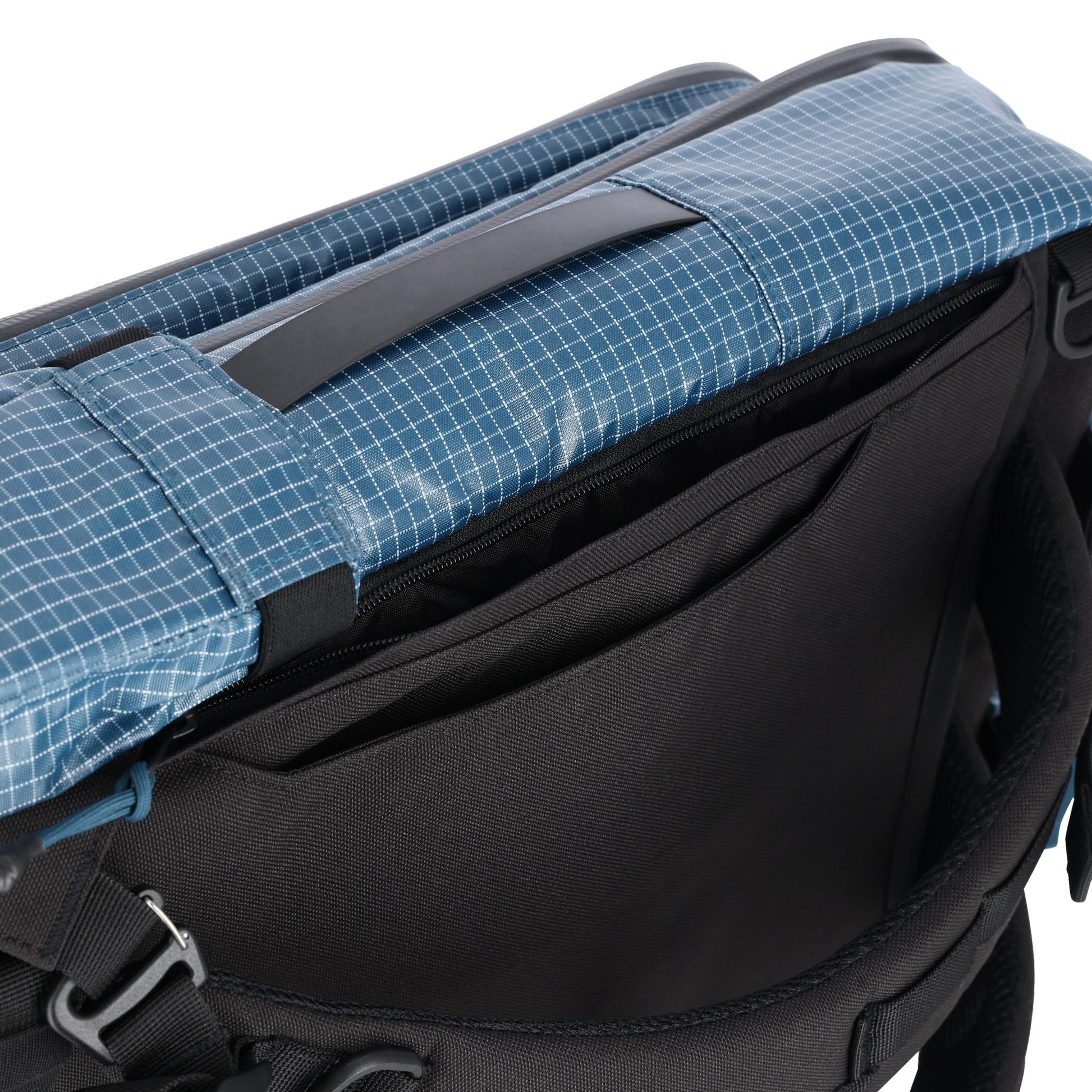 General detail shot of Topo Designs Apex Travel Bag 30L  in "Pond Blue Grid"