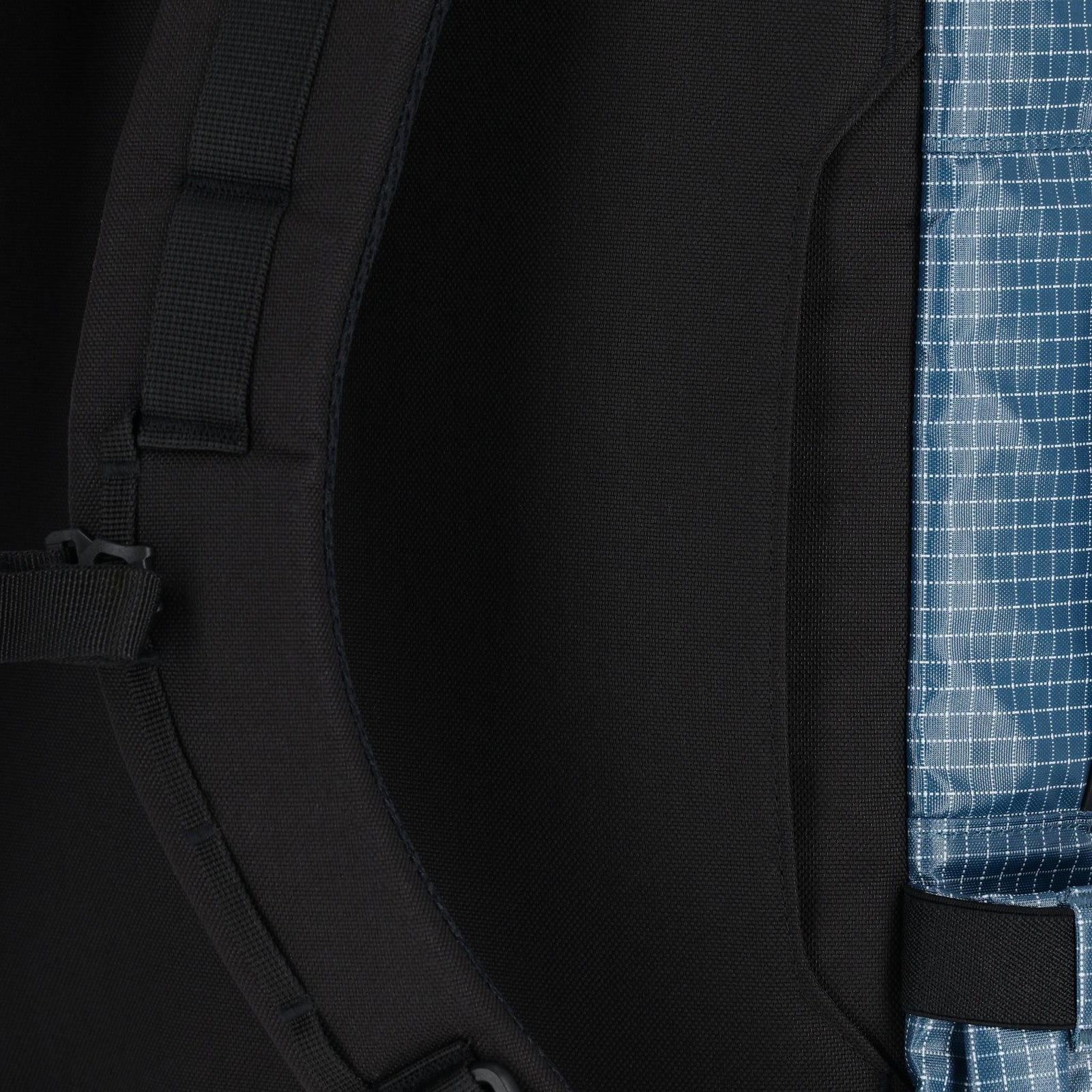 General detail shot of Topo Designs Apex Travel Bag 30L  in "Pond Blue Grid"