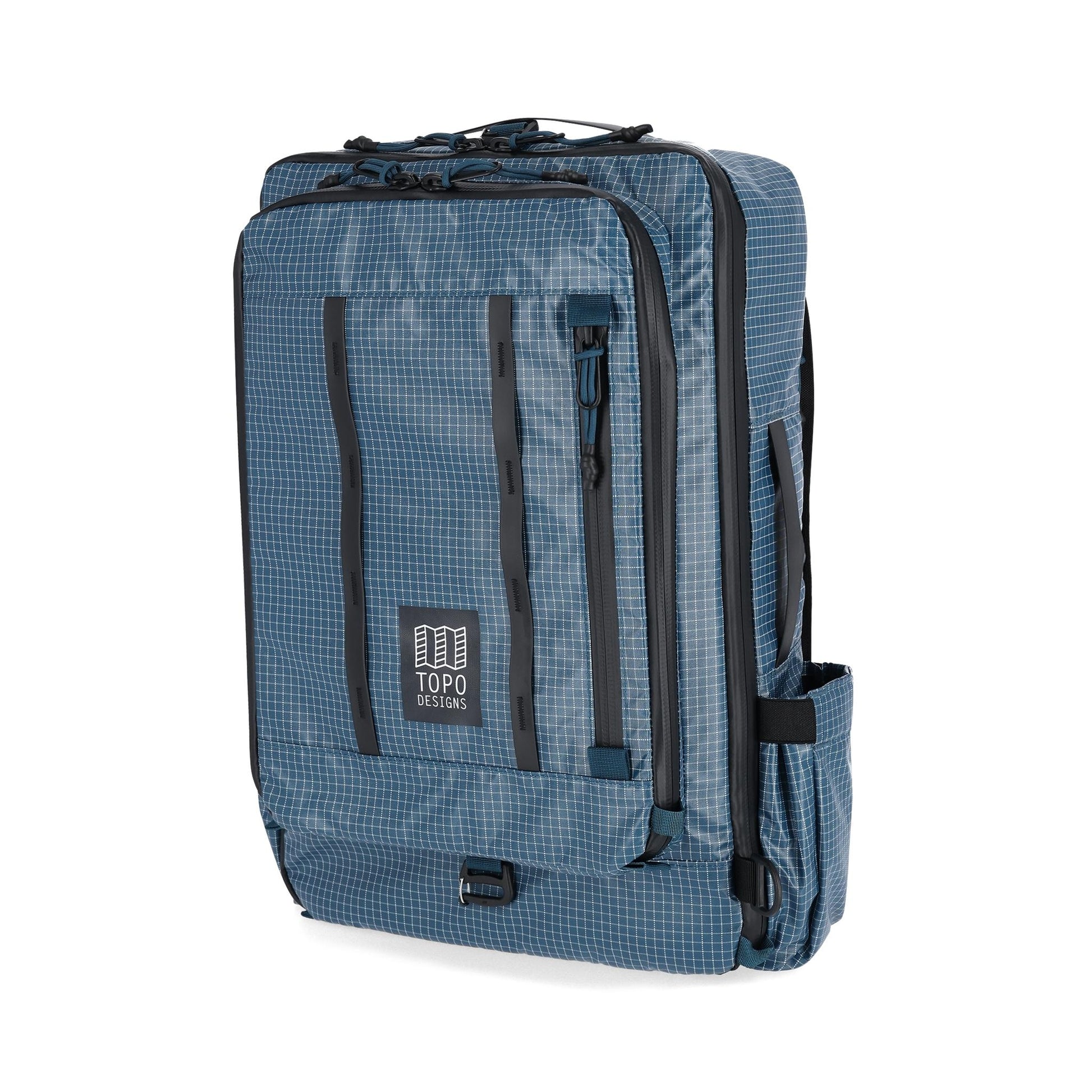 Front View of Topo Designs Apex Travel Bag 30L  in "Pond Blue Grid"