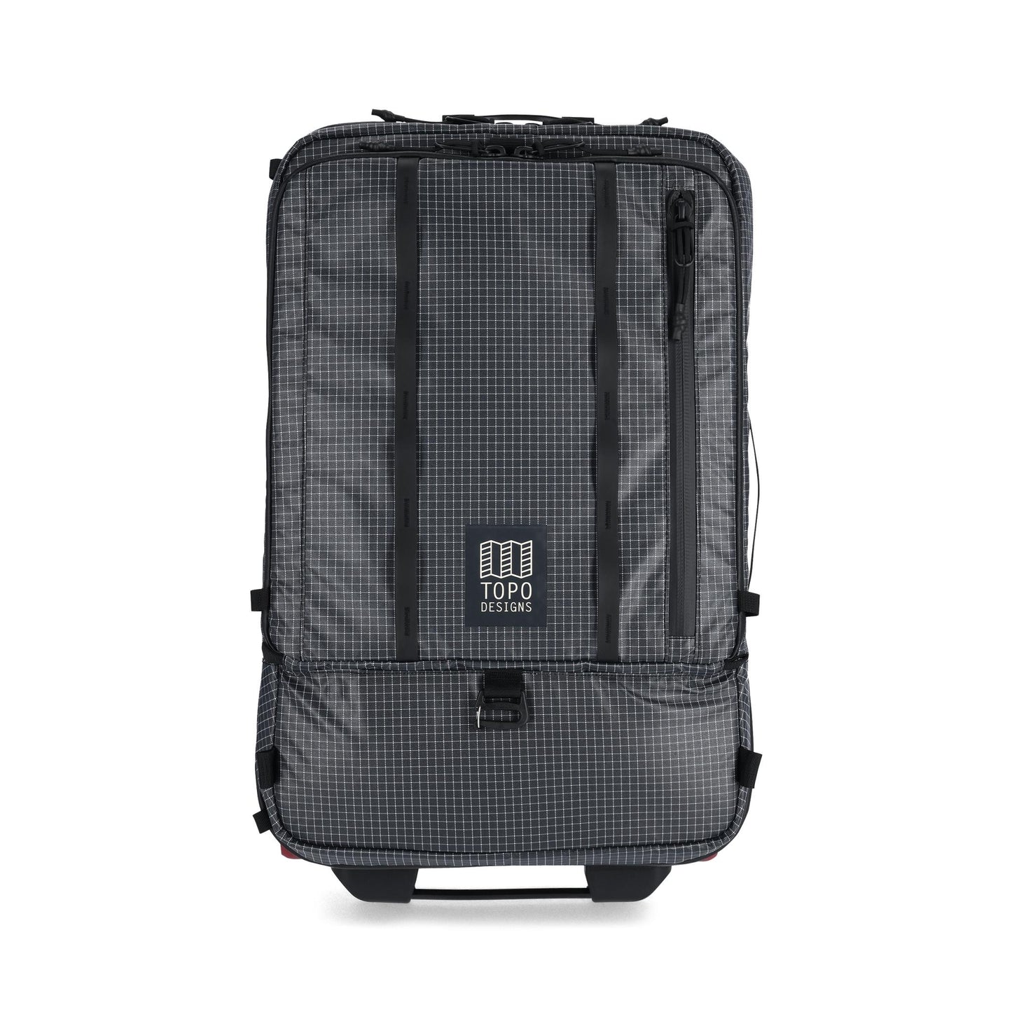 Front View of Topo Designs Apex Travel Roller Bag in "Black Grid"