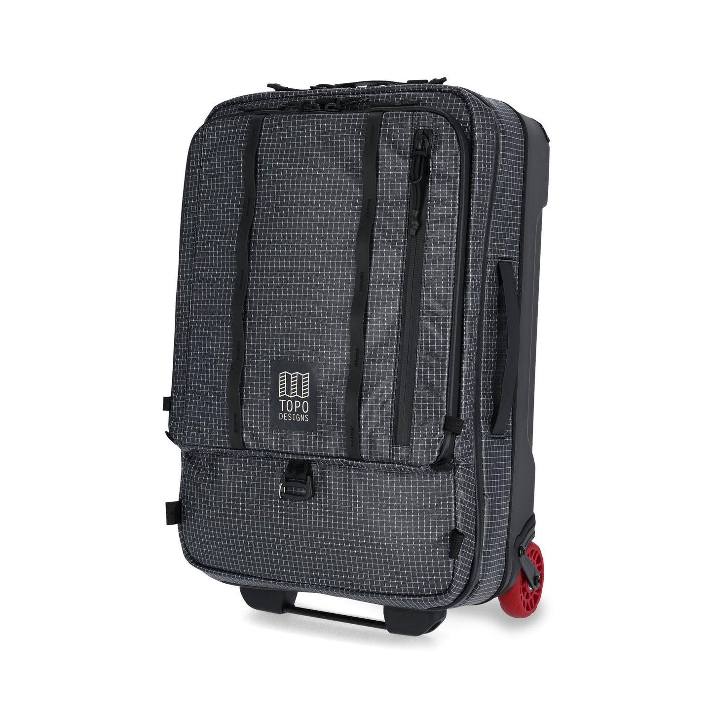 Front View of Topo Designs Apex Travel Roller Bag in "Black Grid"