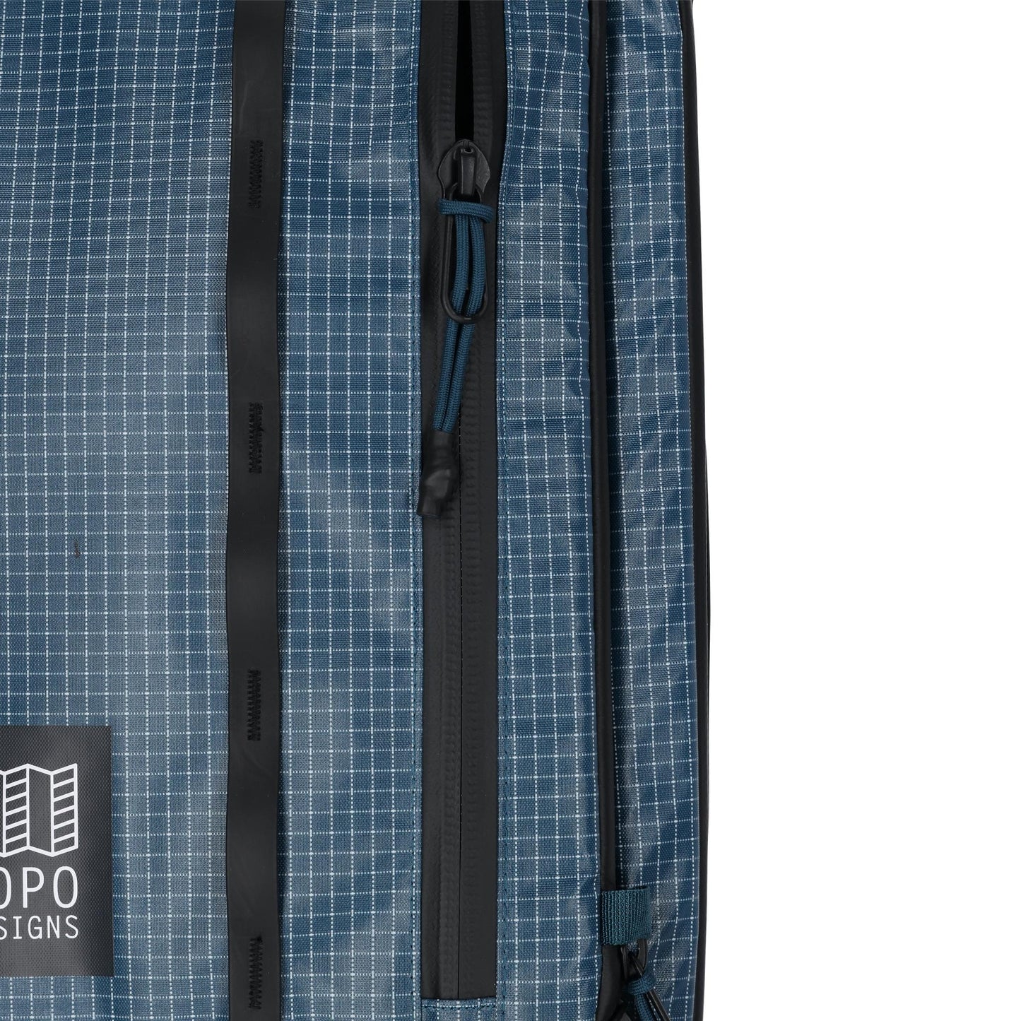 General detail shot of Topo Designs Apex Travel Roller Bag in "Pond Blue Grid"