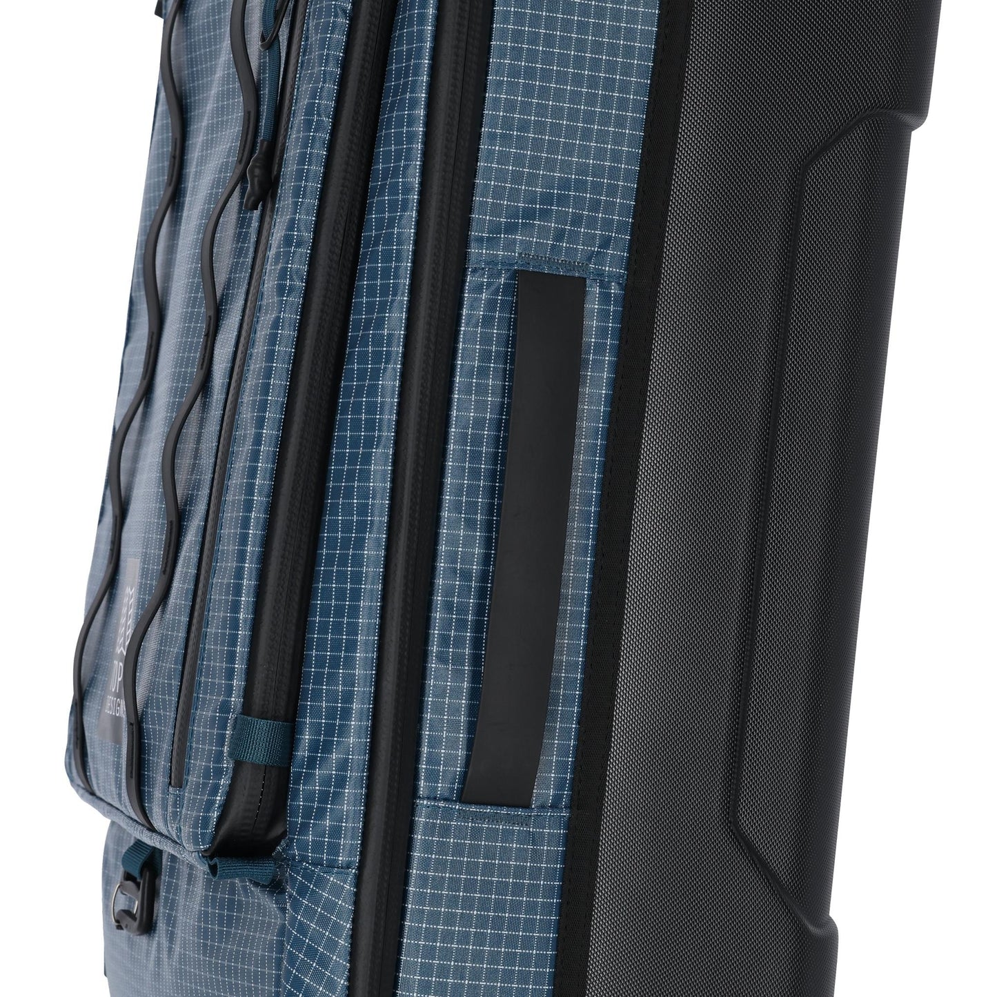 General detail shot of Topo Designs Apex Travel Roller Bag in "Pond Blue Grid"