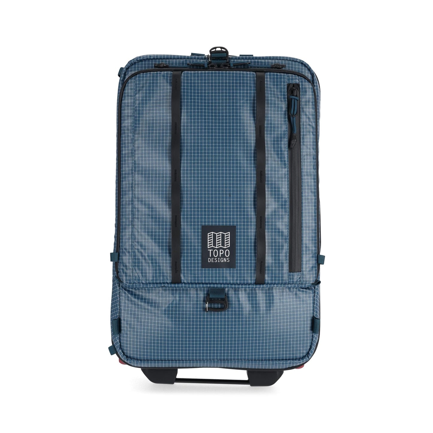 Front View of Topo Designs Apex Travel Roller Bag in "Pond Blue Grid"