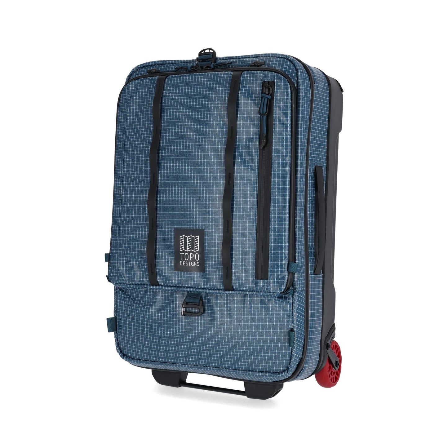 Front View of Topo Designs Apex Travel Roller Bag in "Pond Blue Grid"