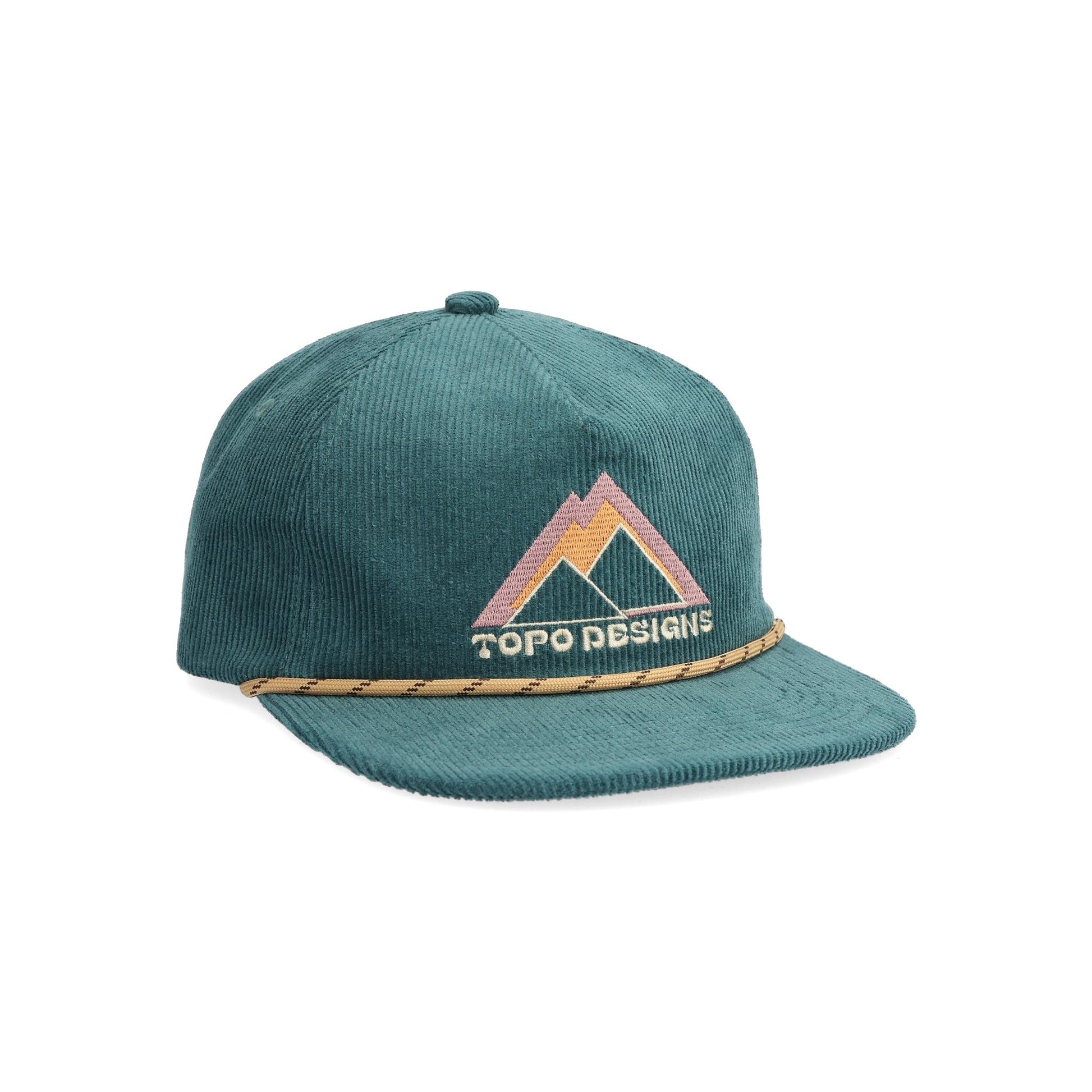 Front View of Topo Designs Corduroy Trucker Hat - Peak Shadow in "Sea Pine"