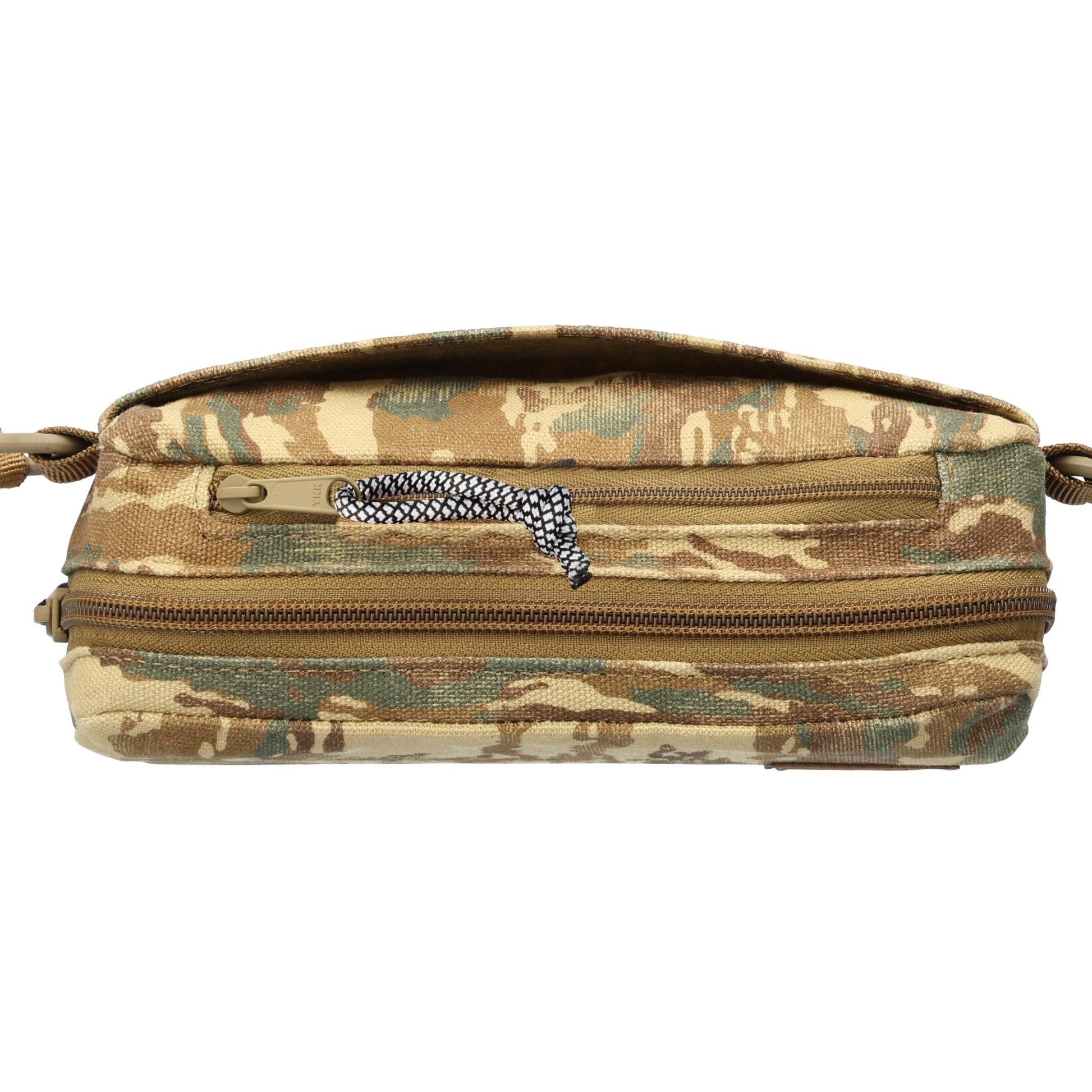 Detail shot of Topo Designs Dirt Belt Bag in "Dirt Camo Print"