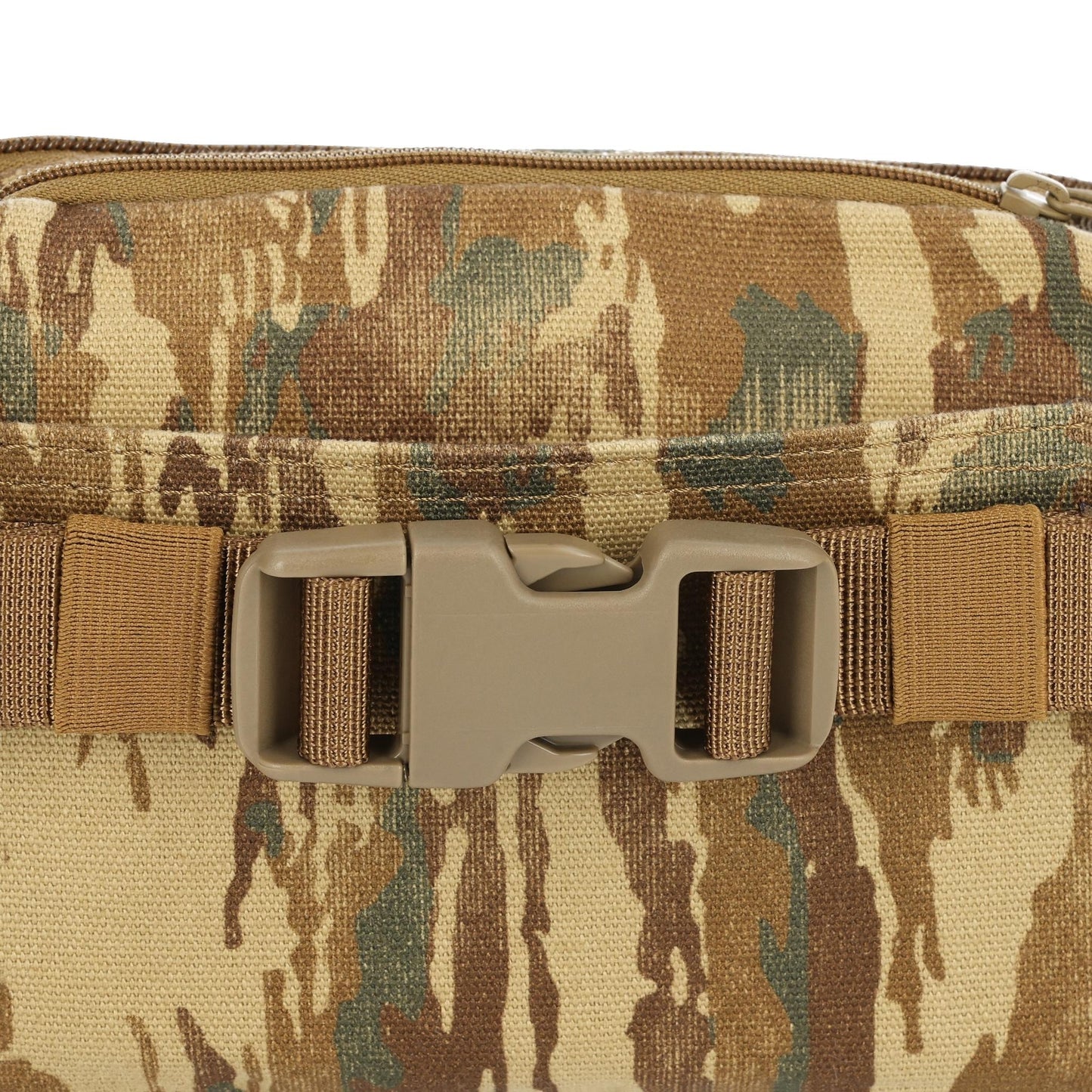 Detail shot of Topo Designs Dirt Belt Bag in "Dirt Camo Print"