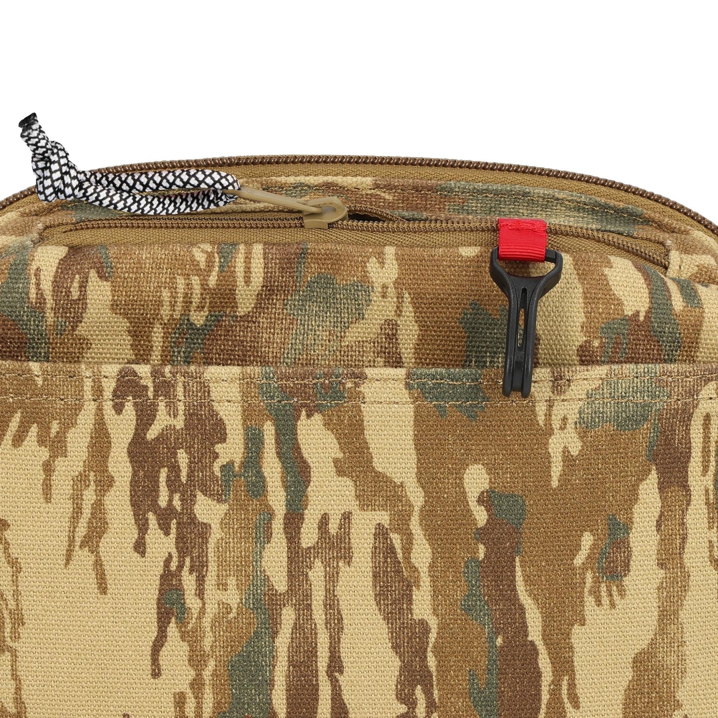 Detail shot of Topo Designs Dirt Belt Bag in "Dirt Camo Print"