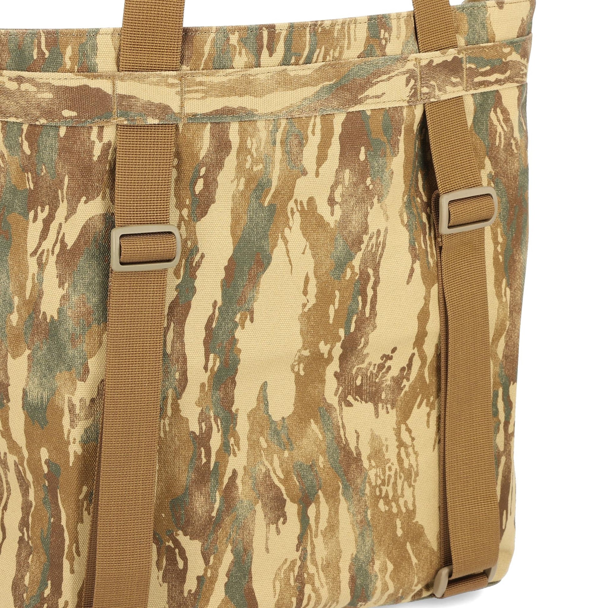 Detail shot of Topo Designs Dirt Tote Bag in "Dirt Camo Print"