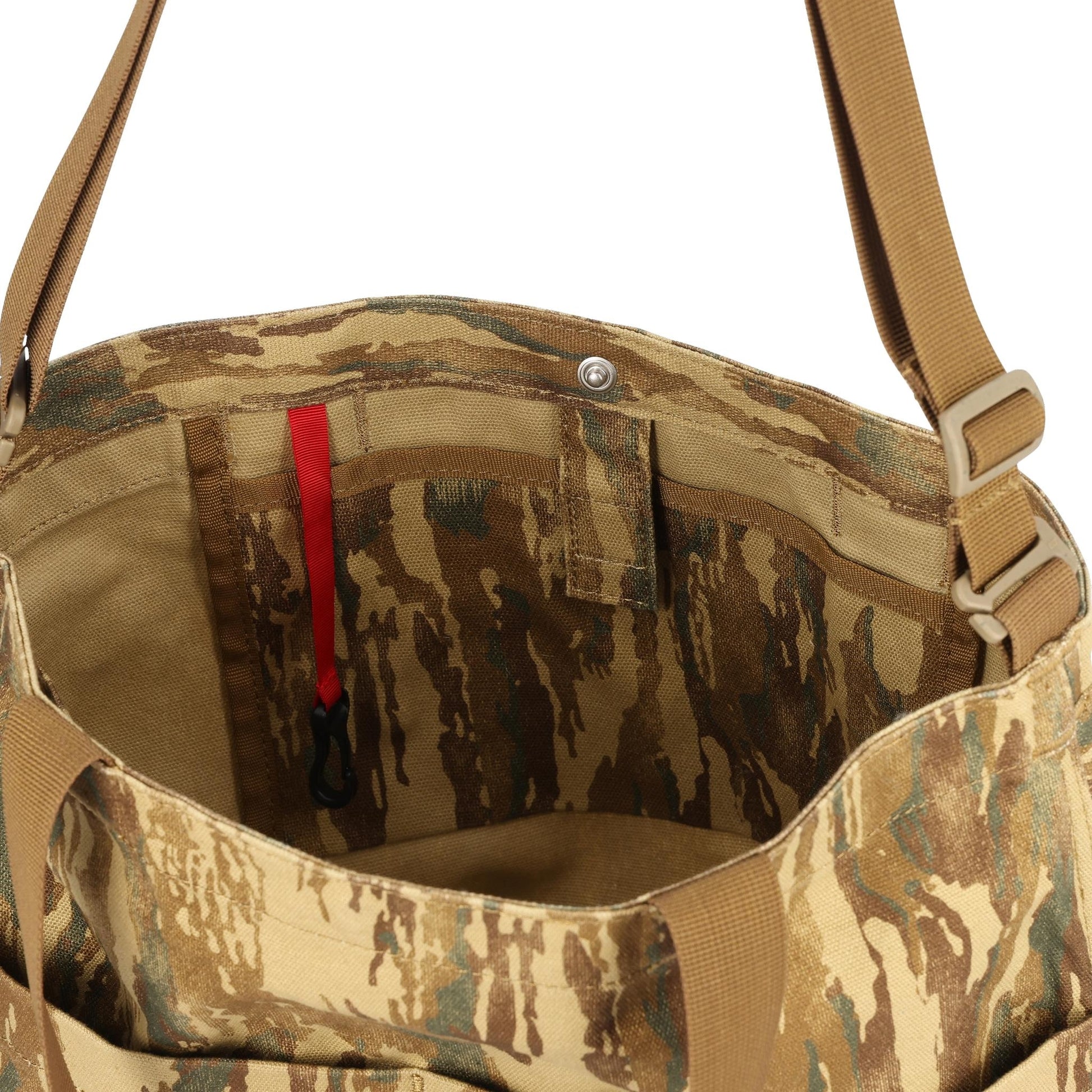 Detail shot of Topo Designs Dirt Tote Bag in "Dirt Camo Print"