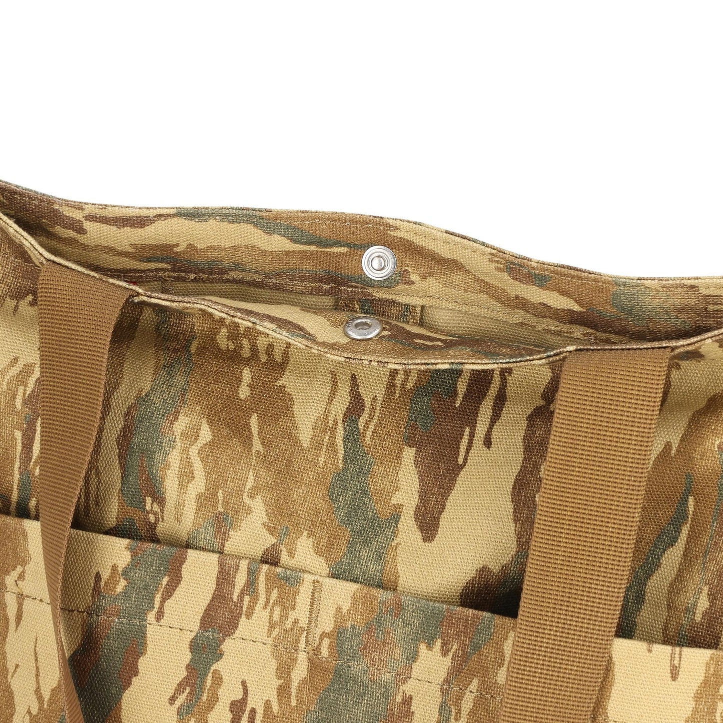 Detail shot of Topo Designs Dirt Tote Bag in "Dirt Camo Print"