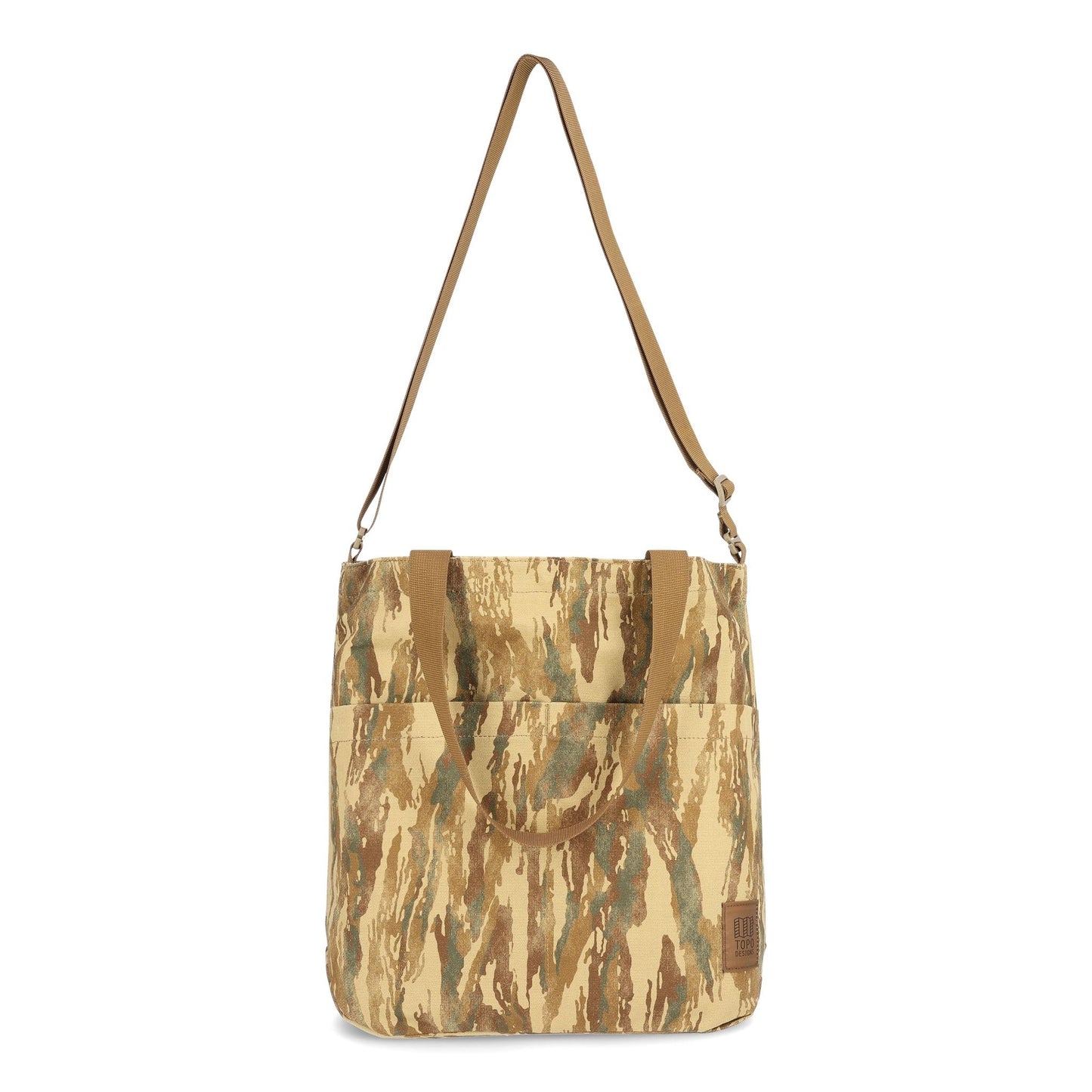 Front View of Topo Designs Dirt Tote Bag in "Dirt Camo Print"