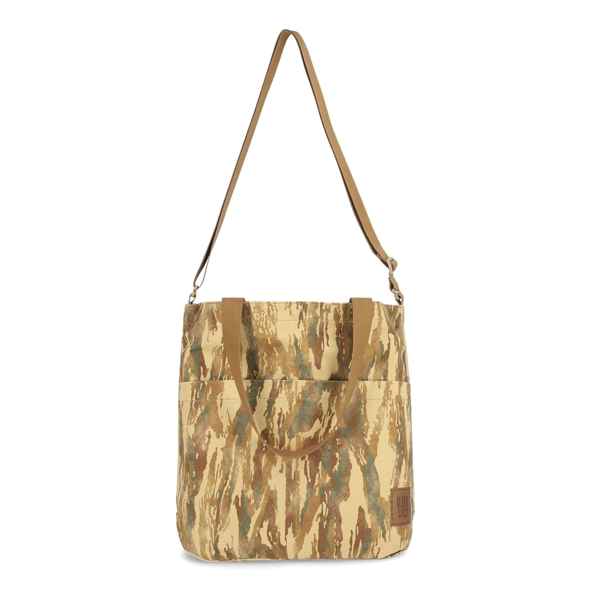 Front View of Topo Designs Dirt Tote Bag in "Dirt Camo Print"