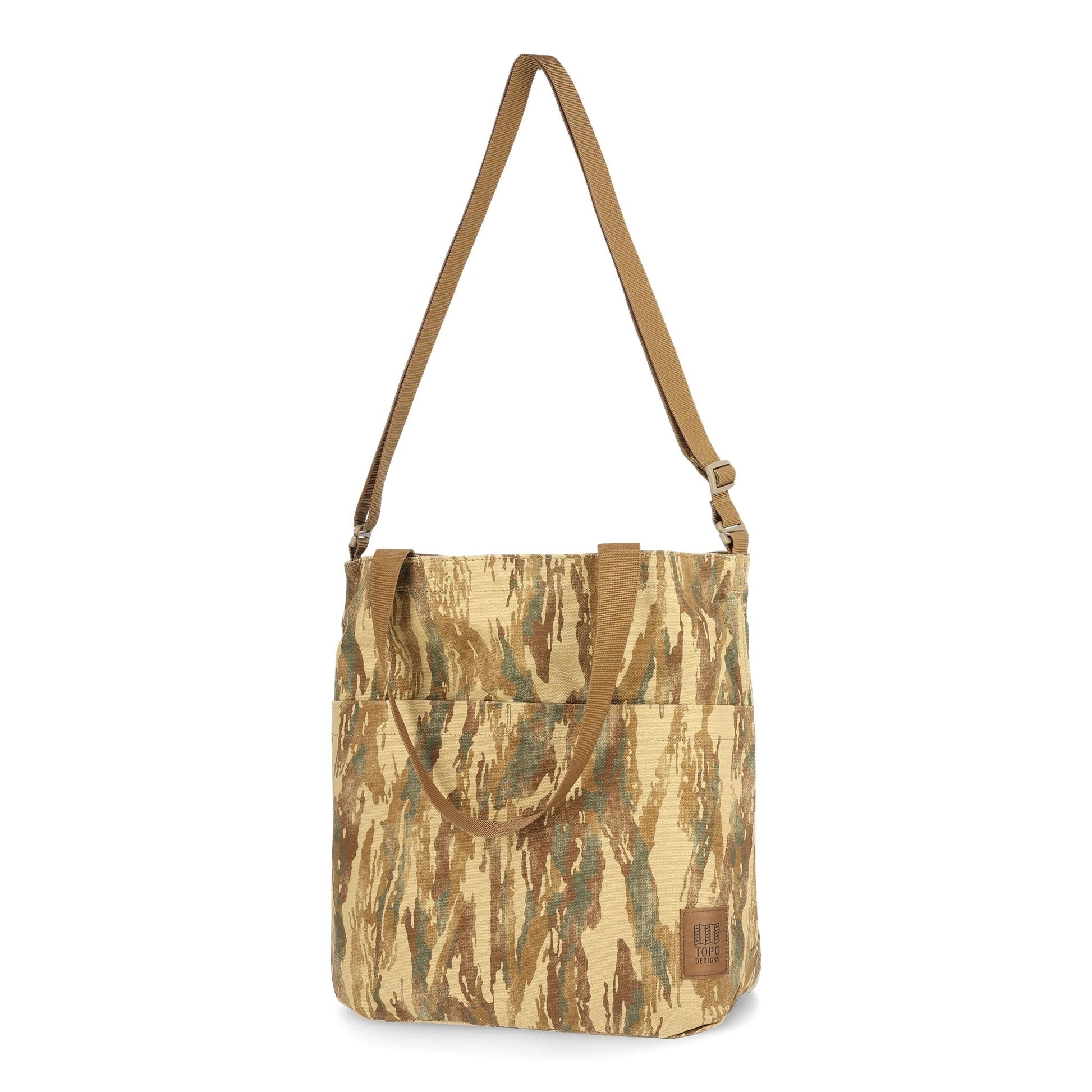 Front View of Topo Designs Dirt Tote Bag in "Dirt Camo Print"