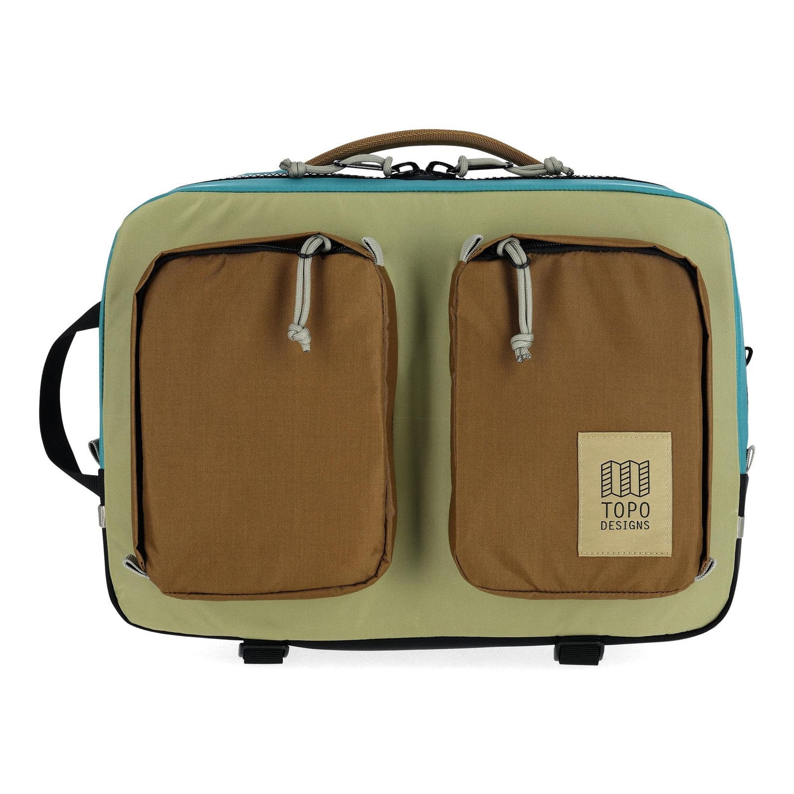 Front View of Topo Designs Global Briefcase in "Caribbean / Dark Khaki"