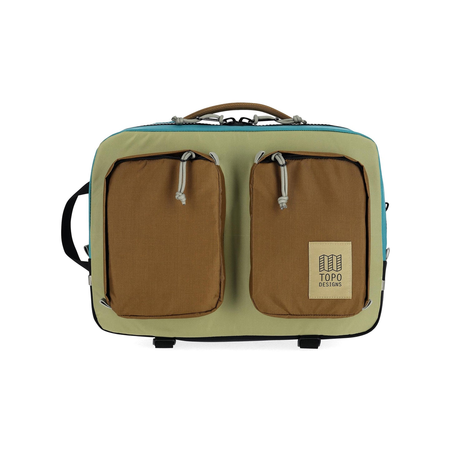 Front View of Topo Designs Global Briefcase in "Caribbean / Dark Khaki"