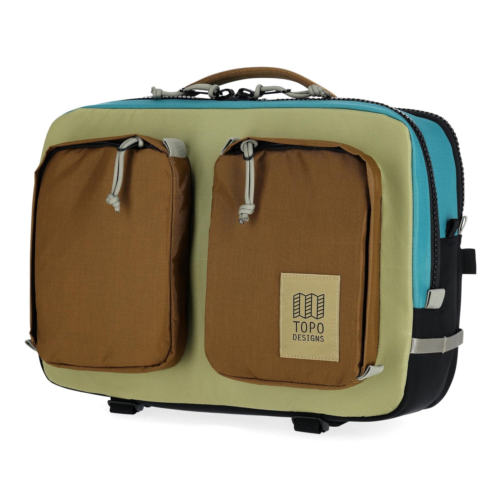 Front View of Topo Designs Global Briefcase in "Caribbean / Dark Khaki"