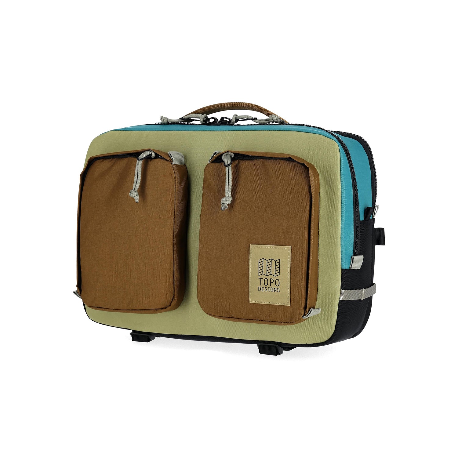 Front View of Topo Designs Global Briefcase in "Caribbean / Dark Khaki"