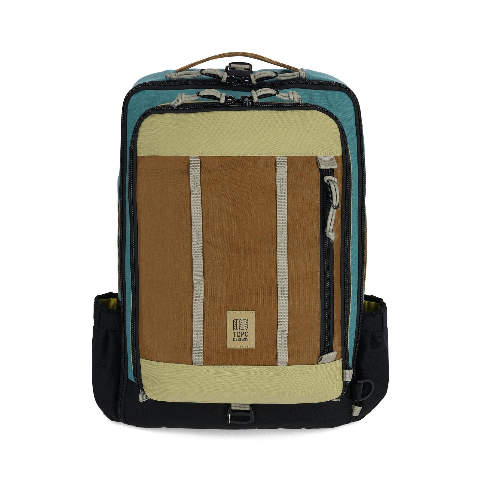 Front View of Topo Designs Global Travel Bag 30L in "Caribbean / Dark Khaki"