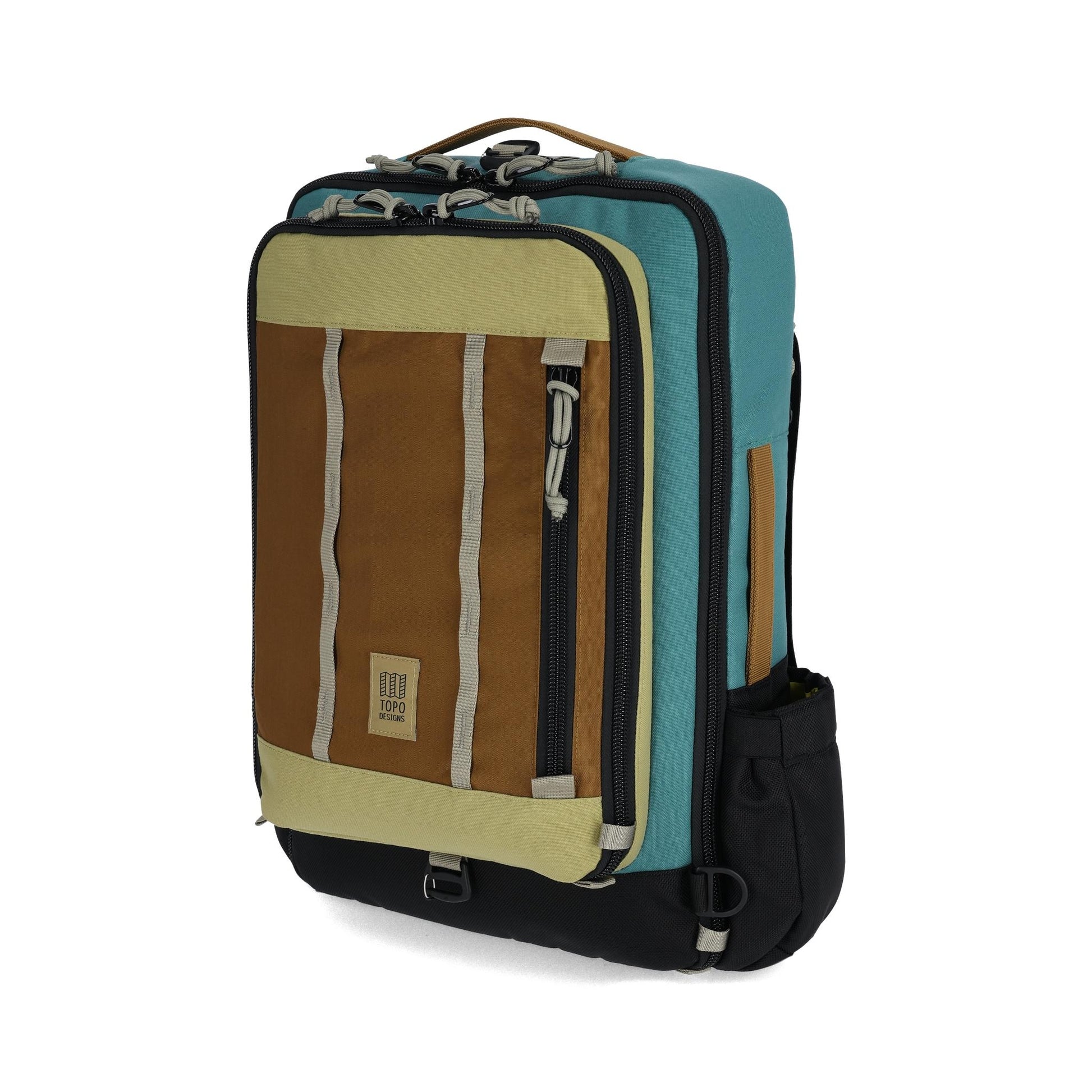 Front View of Topo Designs Global Travel Bag 30L in "Caribbean / Dark Khaki"