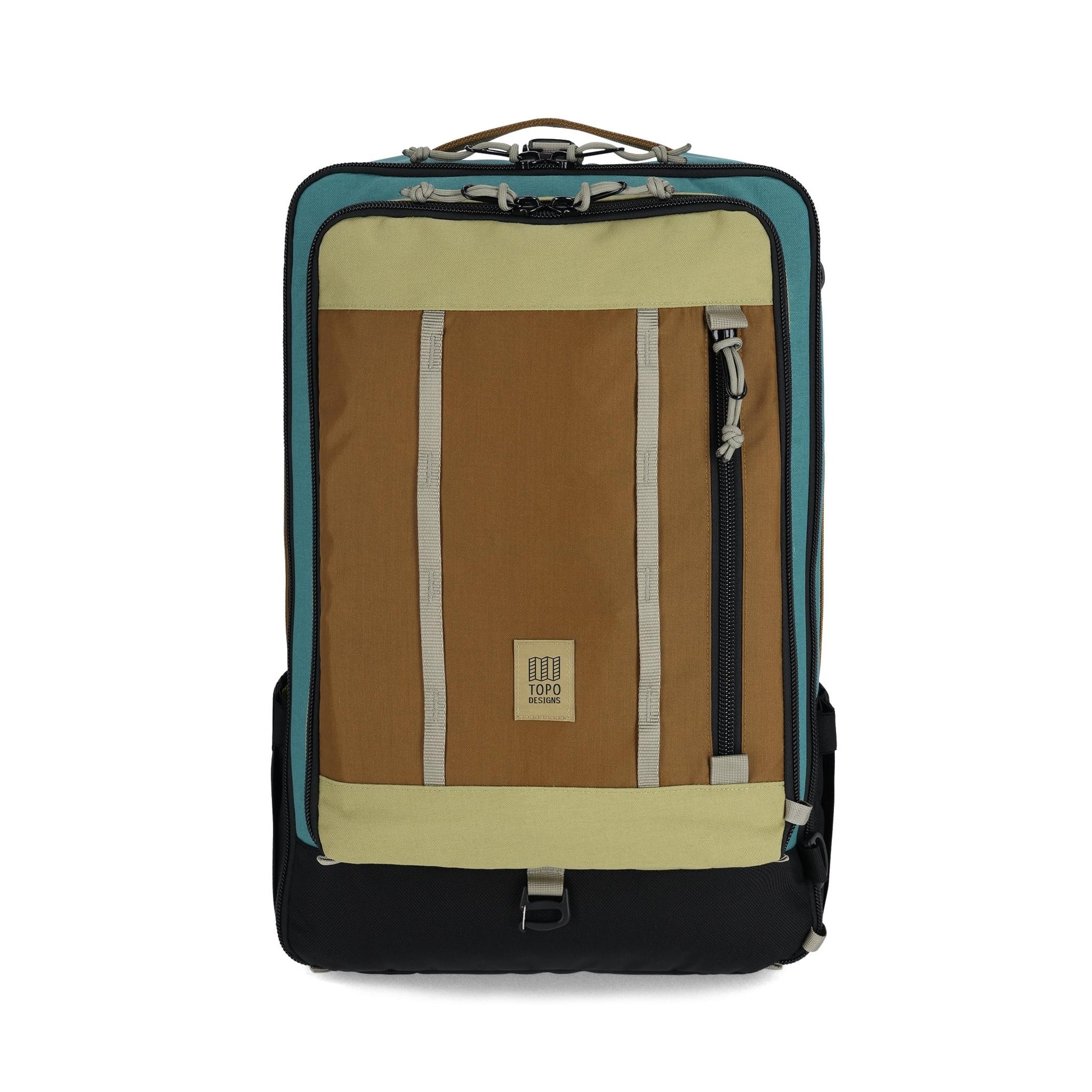 Front View of Topo Designs Global Travel Bag 40L in "Caribbean / Dark Khaki"