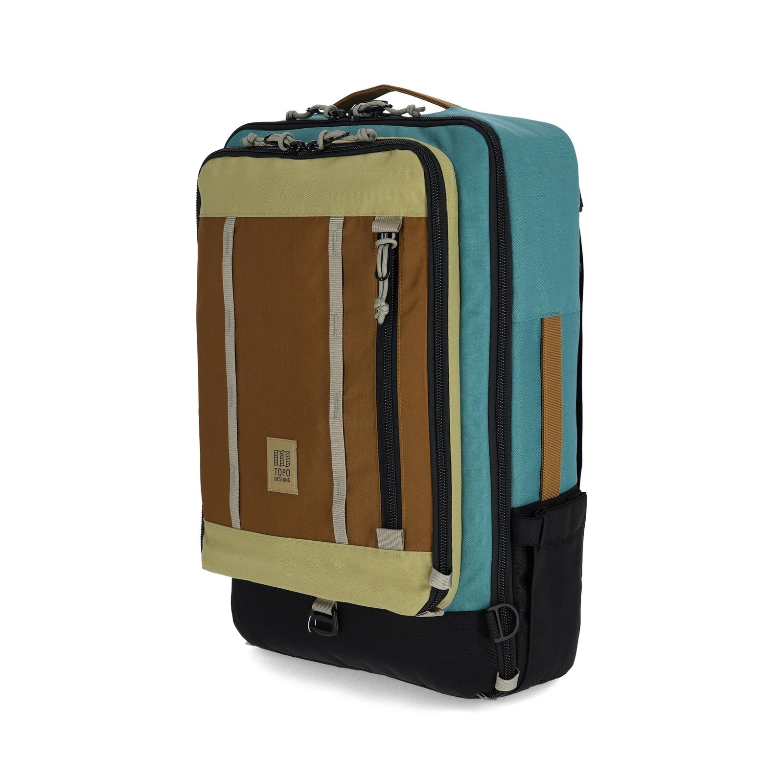 Front View of Topo Designs Global Travel Bag 40L in "Caribbean / Dark Khaki"