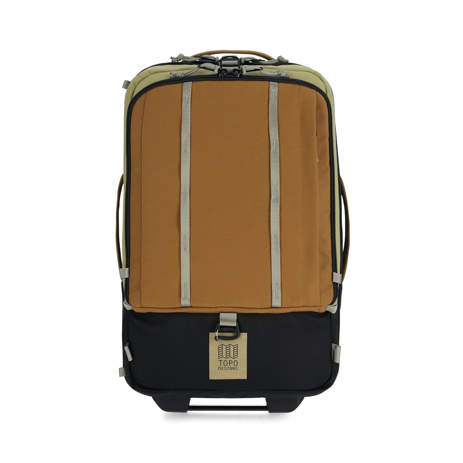 Front View of Topo Designs Global Travel Bag Roller in "Caribbean / Dark Khaki"