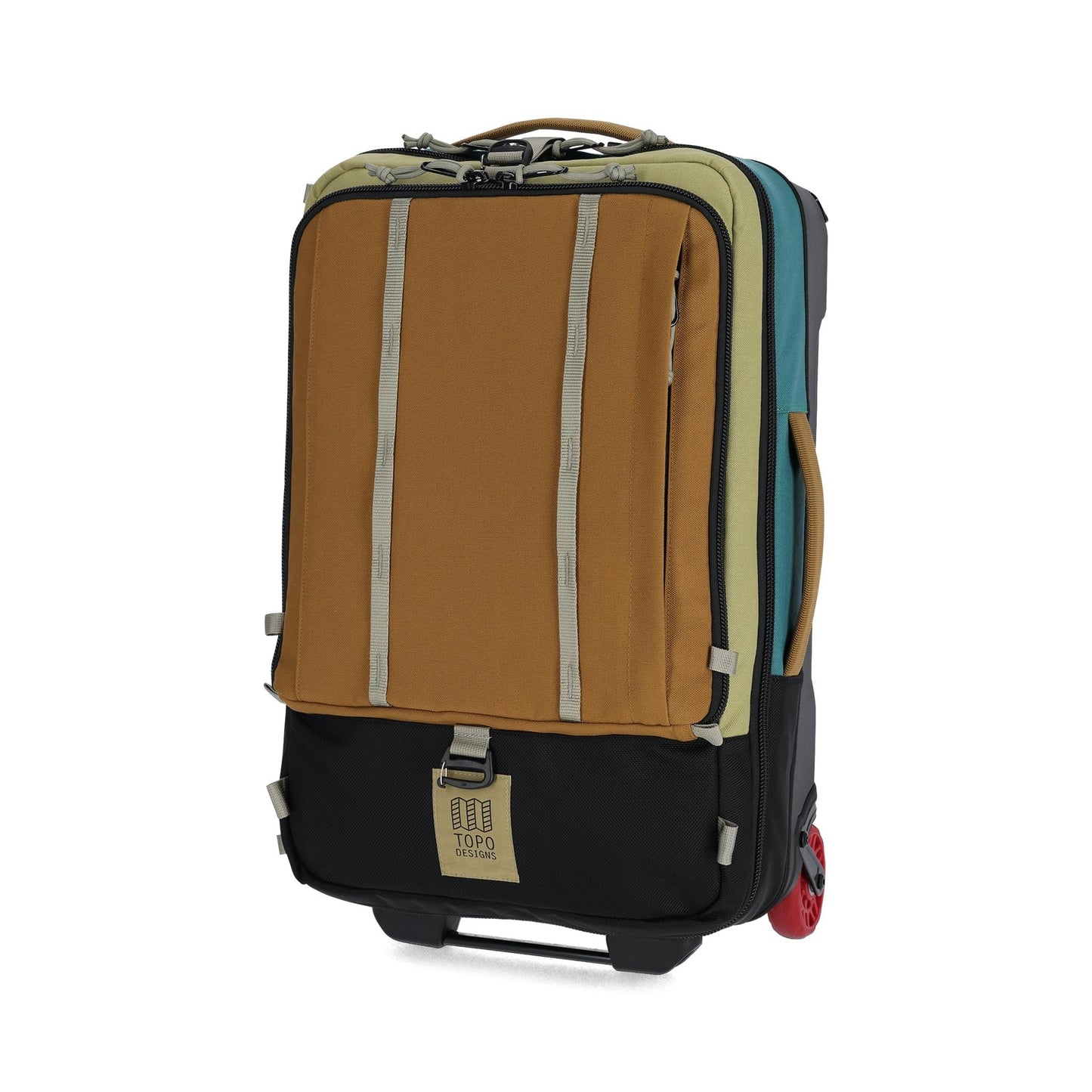 Front View of Topo Designs Global Travel Bag Roller in "Caribbean / Dark Khaki"