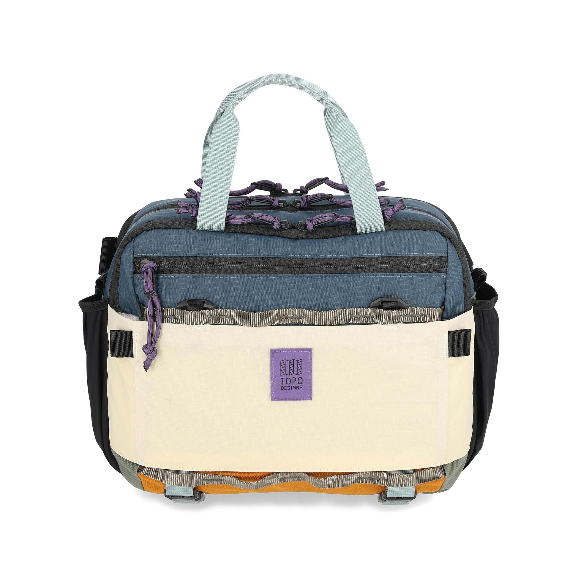 Front View of Topo Designs Mountain Cross Bag in "Pond Blue / Spice"