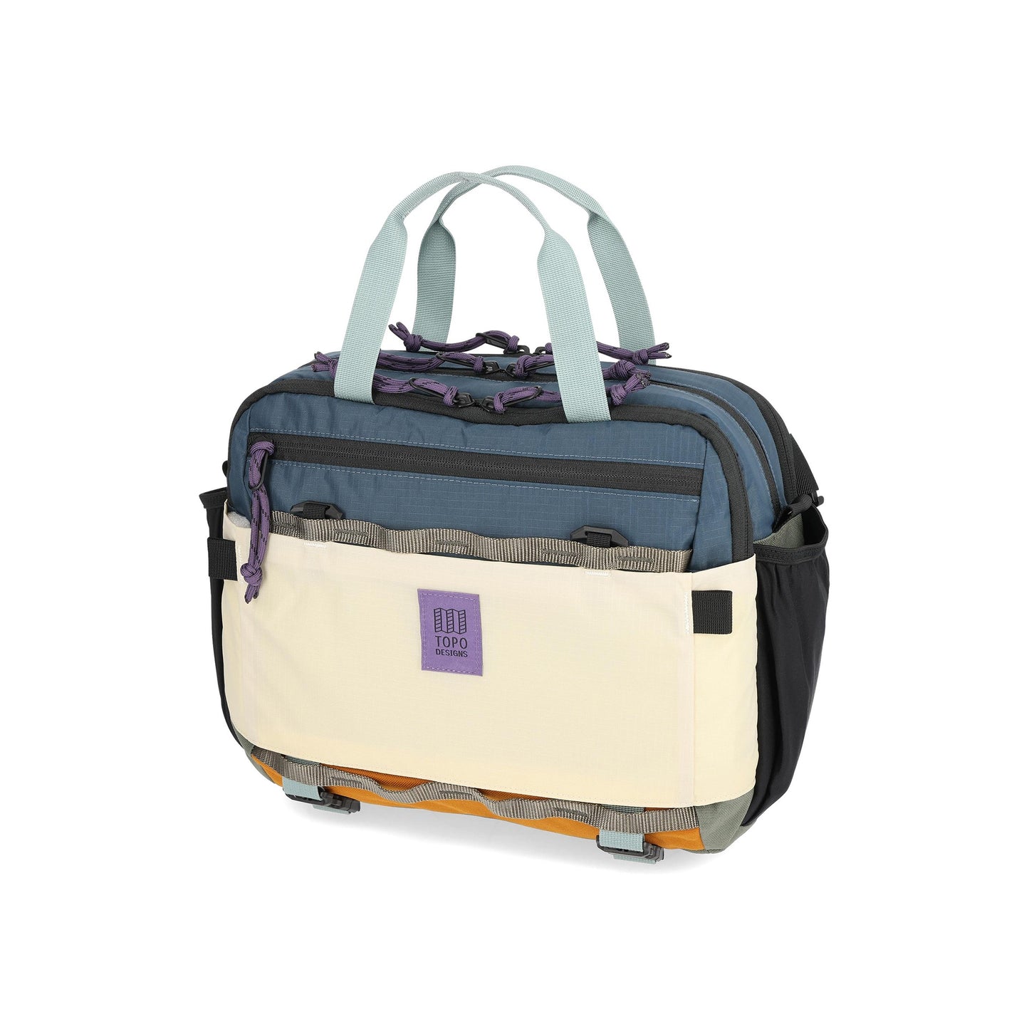 Front View of Topo Designs Mountain Cross Bag in "Pond Blue / Spice"