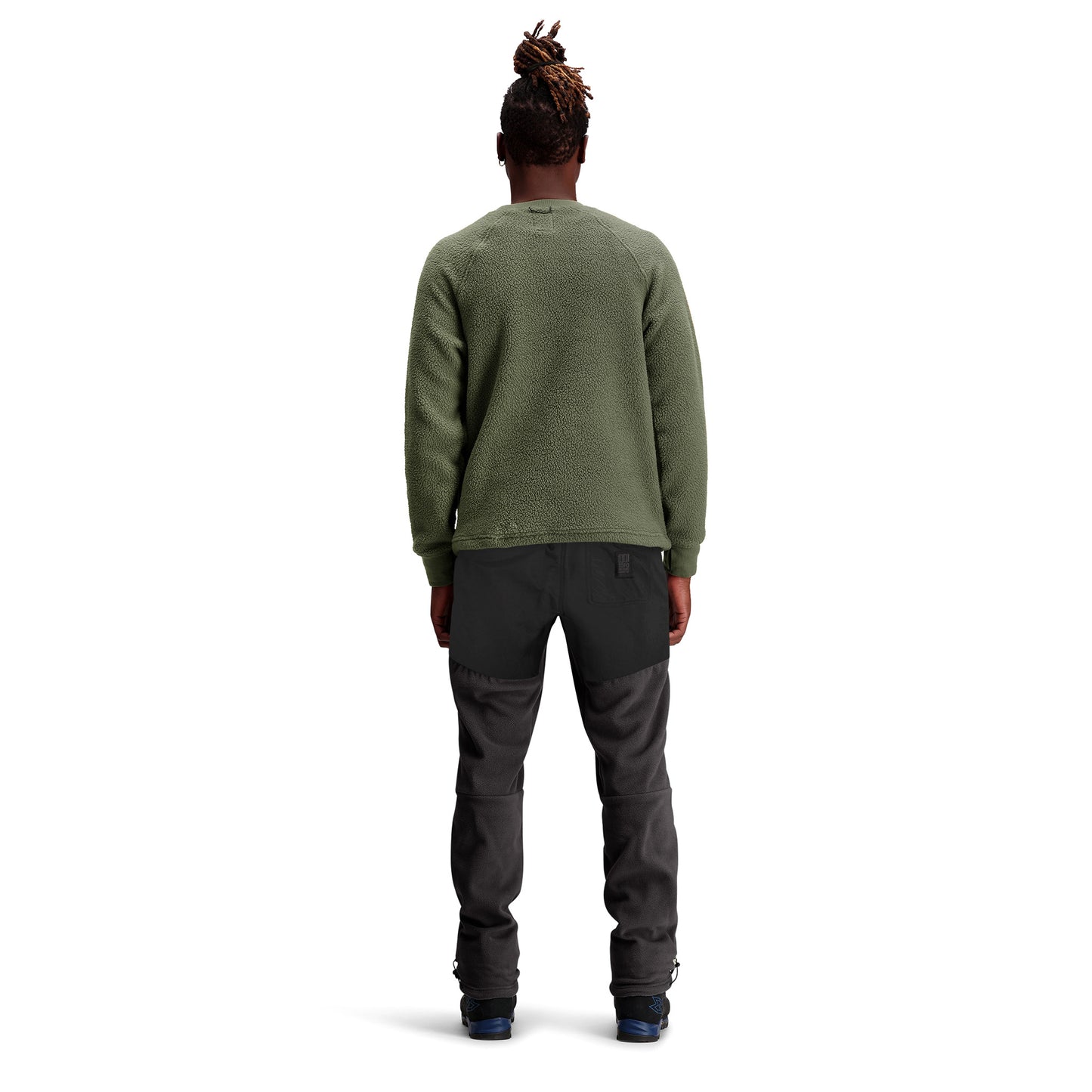 General back model shot of Topo Designs Mountain Fleece Crew in "Beetle"