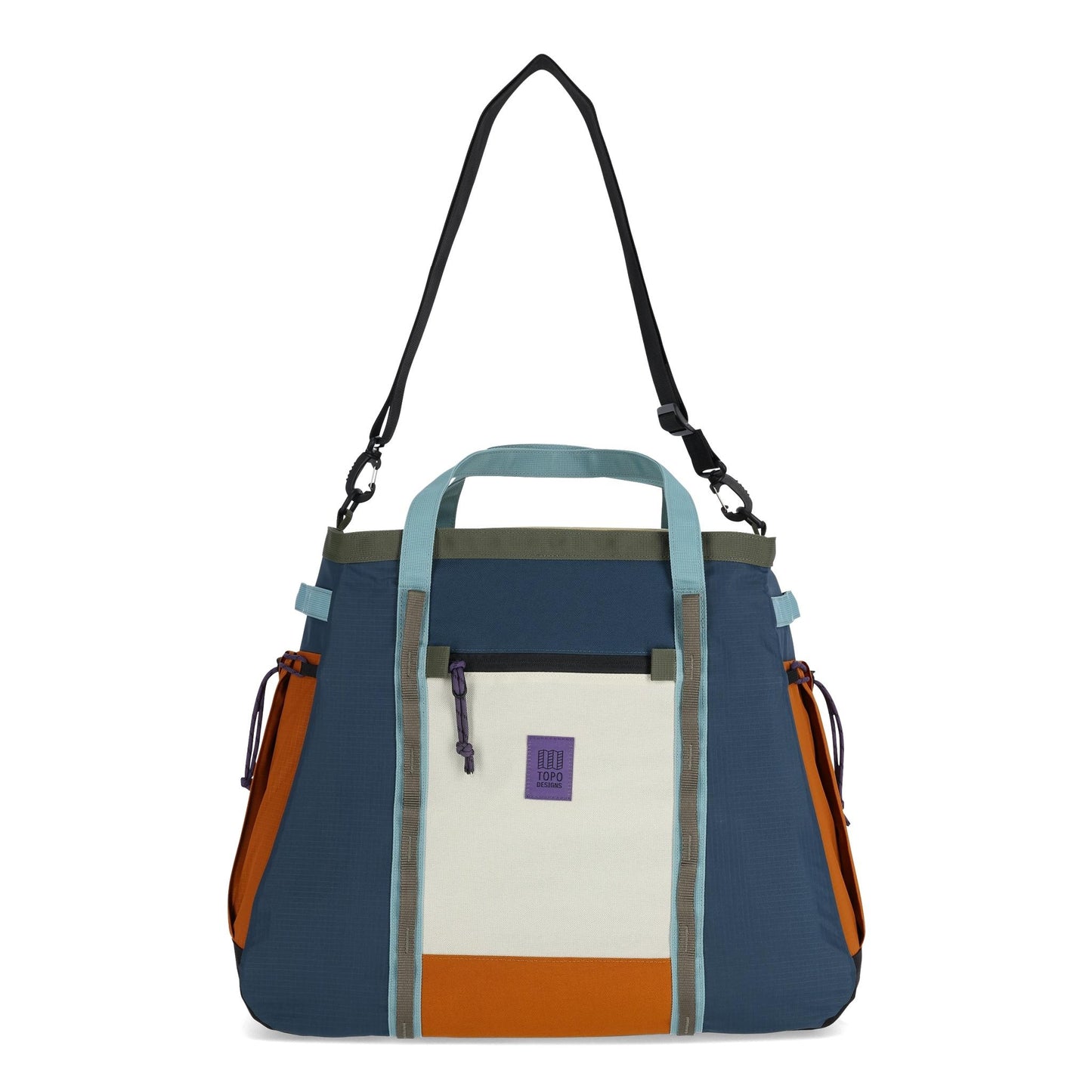 Front View of Topo Designs Mountain Gear Bag in "Pond Blue / Spice"