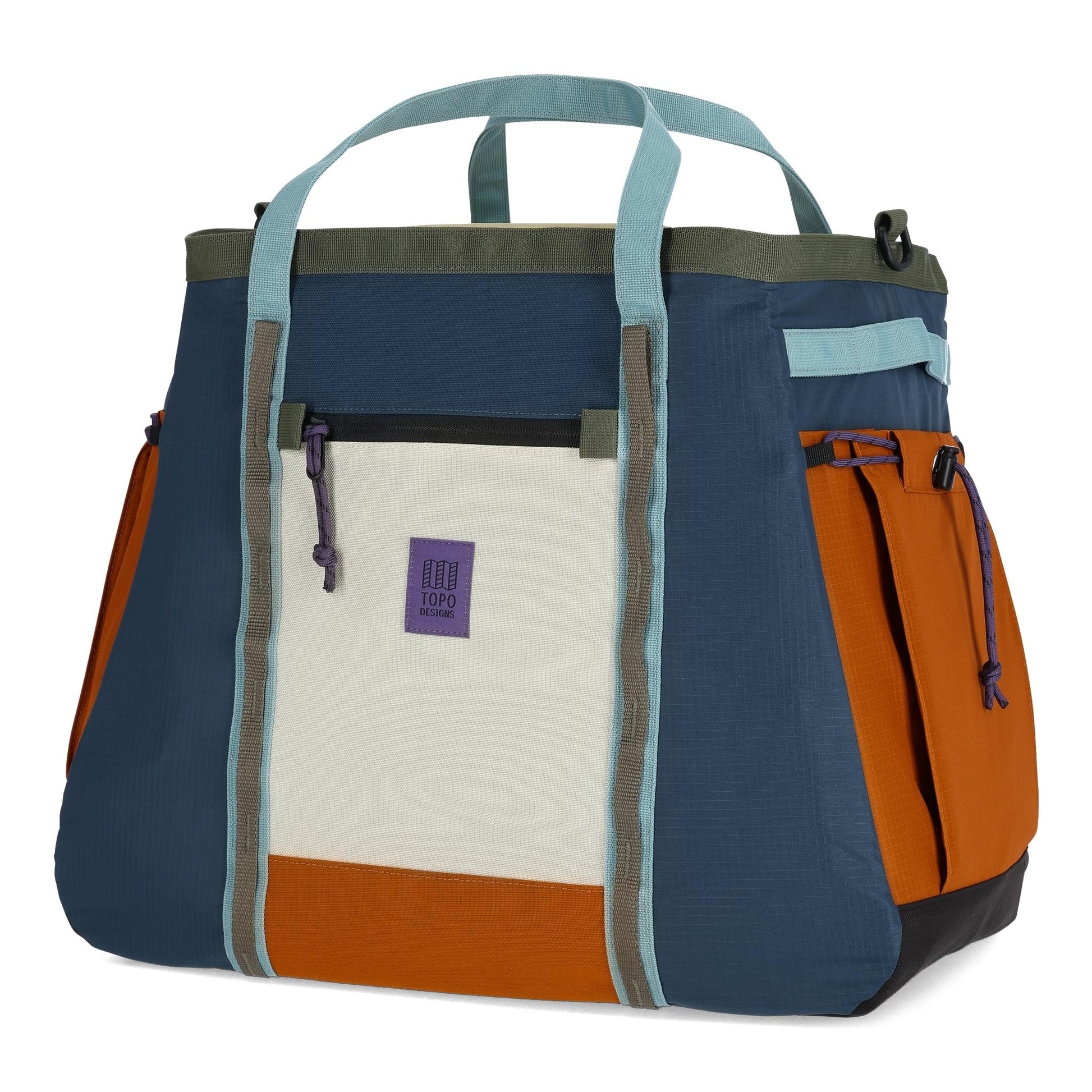 Front View of Topo Designs Mountain Gear Bag in "Pond Blue / Spice"