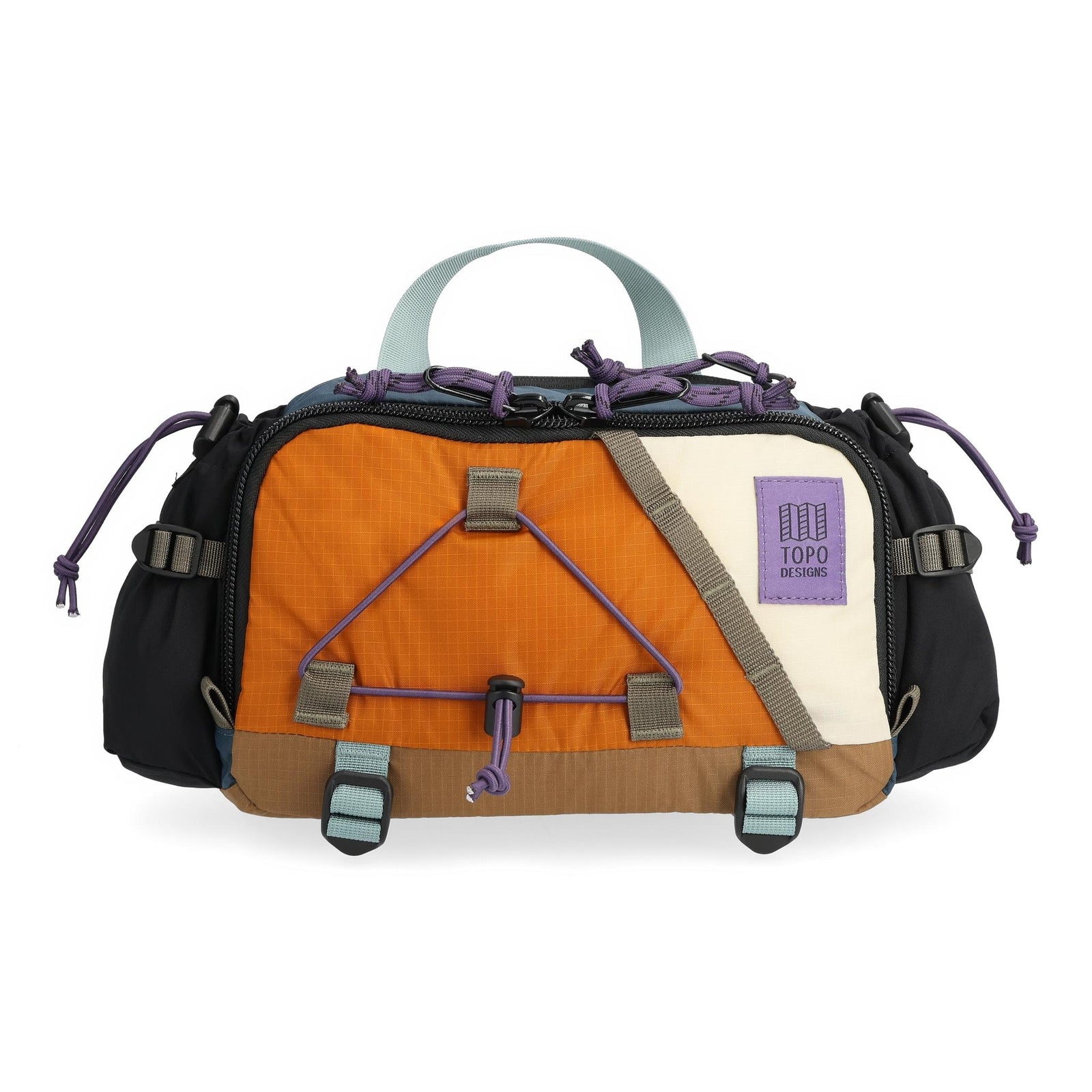 Front View of Topo Designs Mountain Hydro Hip Pack in "Pond Blue / Spice"