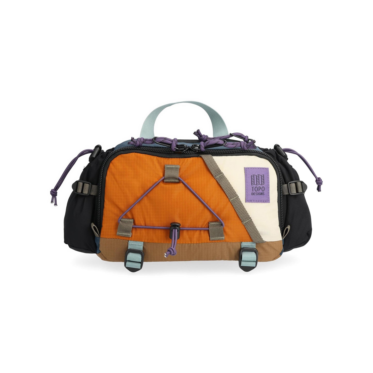 Front View of Topo Designs Mountain Hydro Hip Pack in "Pond Blue / Spice"