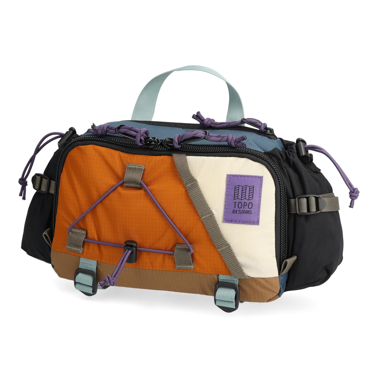 Front View of Topo Designs Mountain Hydro Hip Pack in "Pond Blue / Spice"