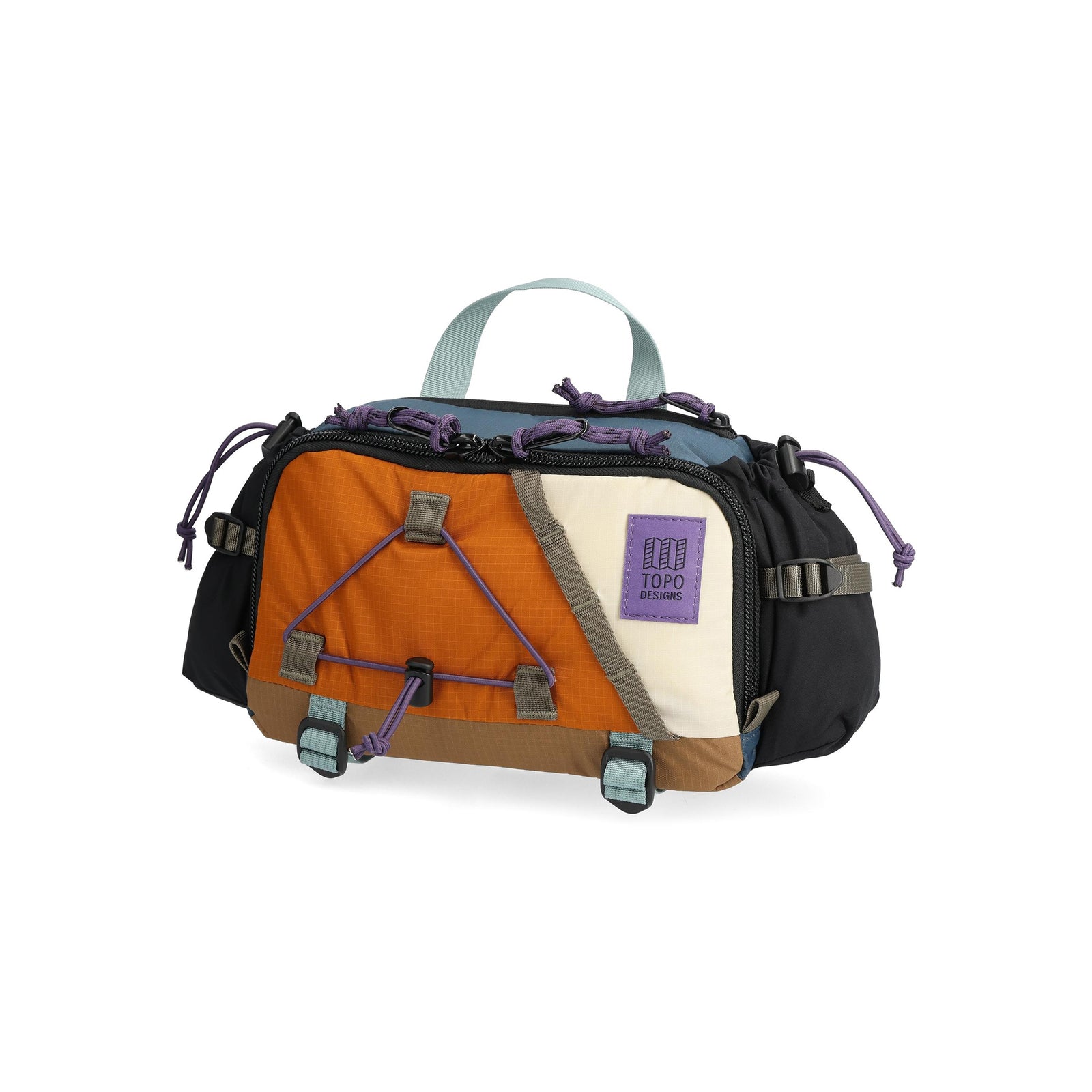 Front View of Topo Designs Mountain Hydro Hip Pack in "Pond Blue / Spice"