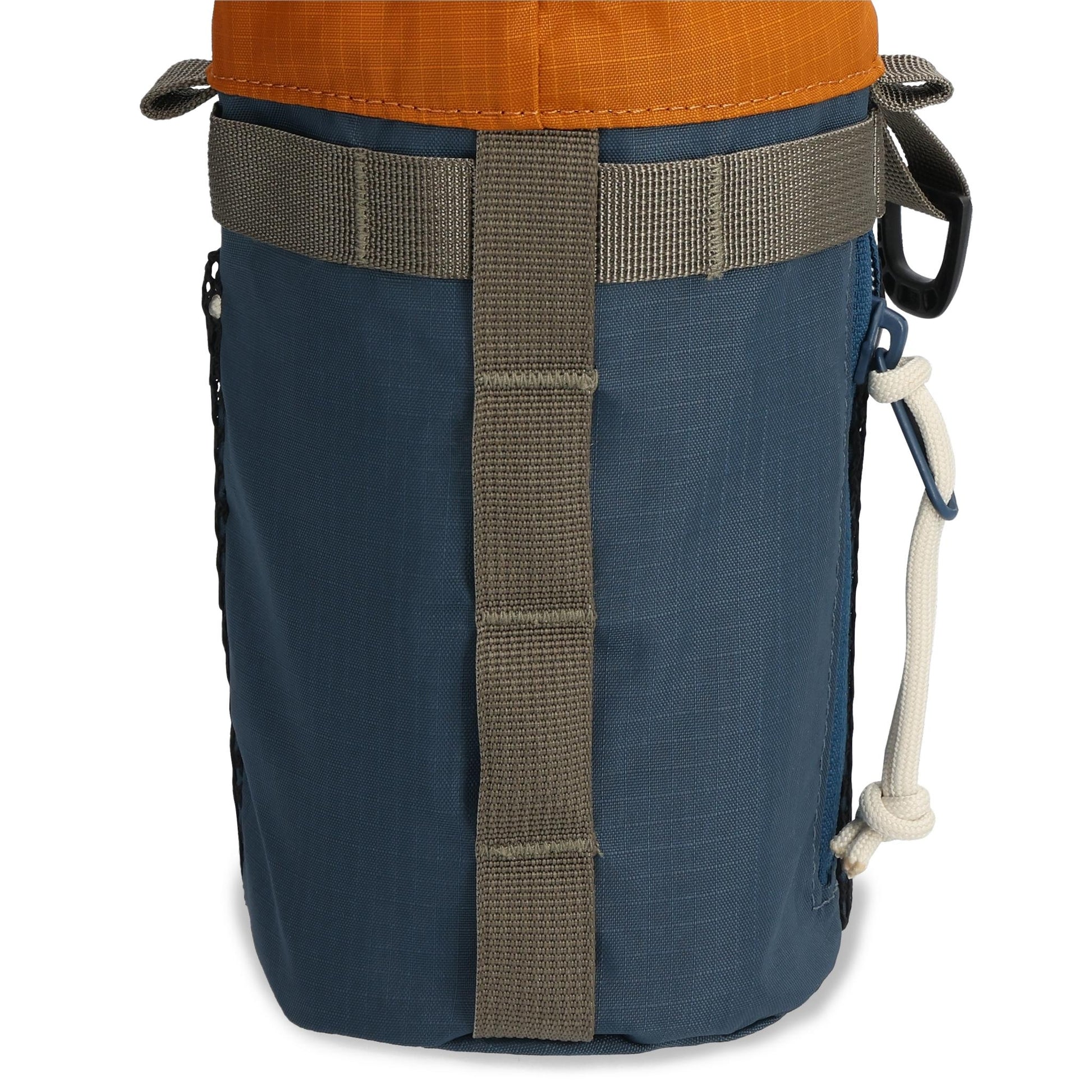 Detail shot of Topo Designs Mountain Hydro Sling in "Pond Blue / Spice"