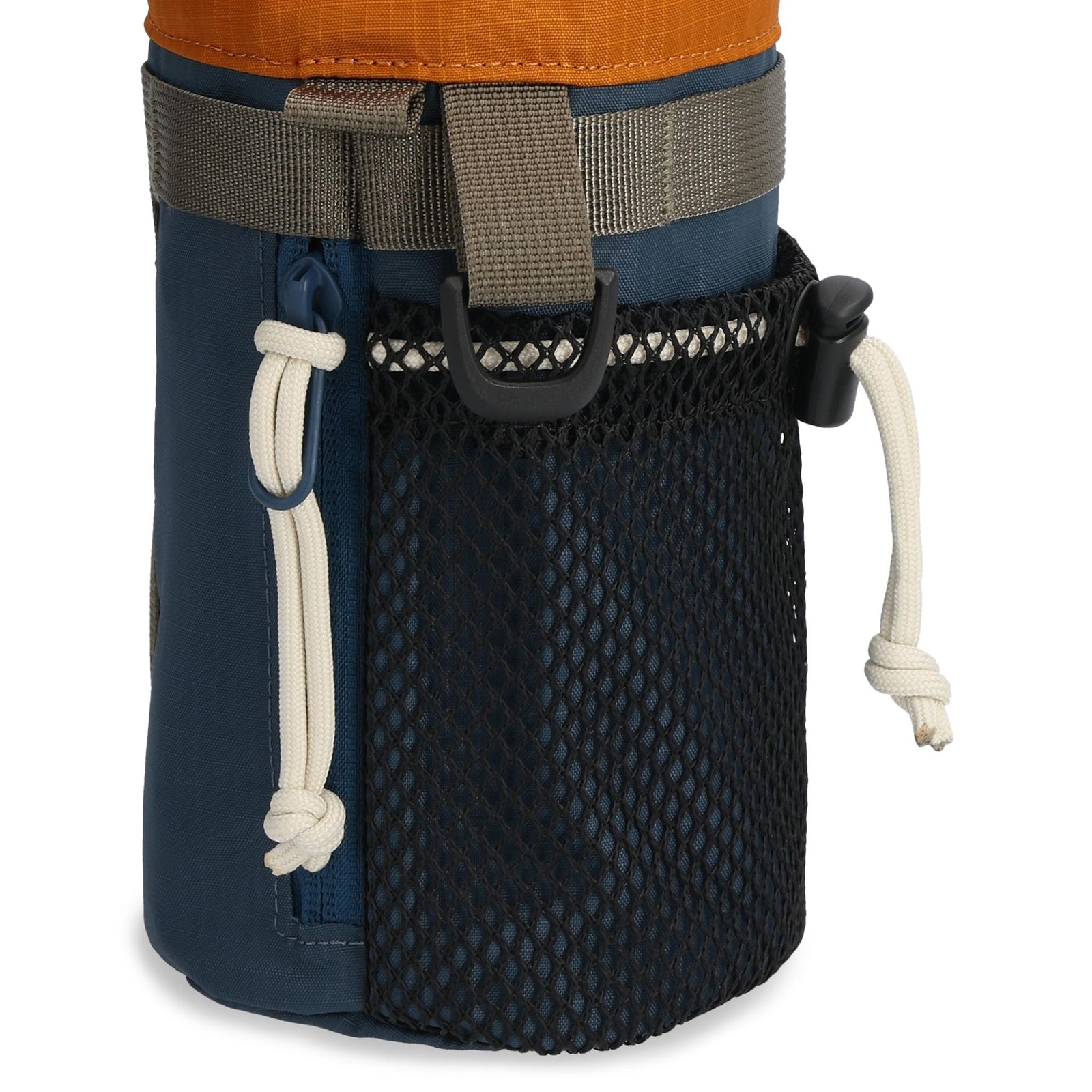 Detail shot of Topo Designs Mountain Hydro Sling in "Pond Blue / Spice"