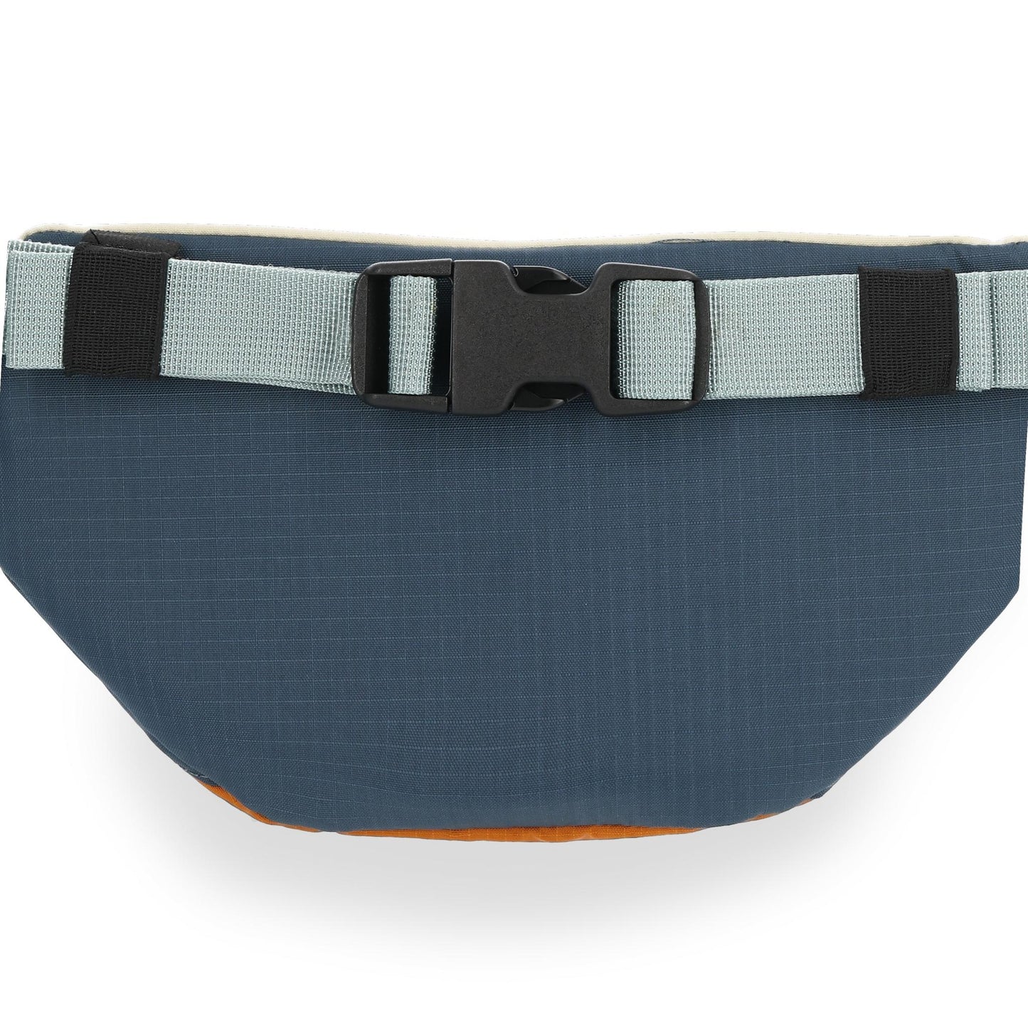 Detail shot of Topo Designs Mountain Waist Pack in "Pond Blue / Spice"